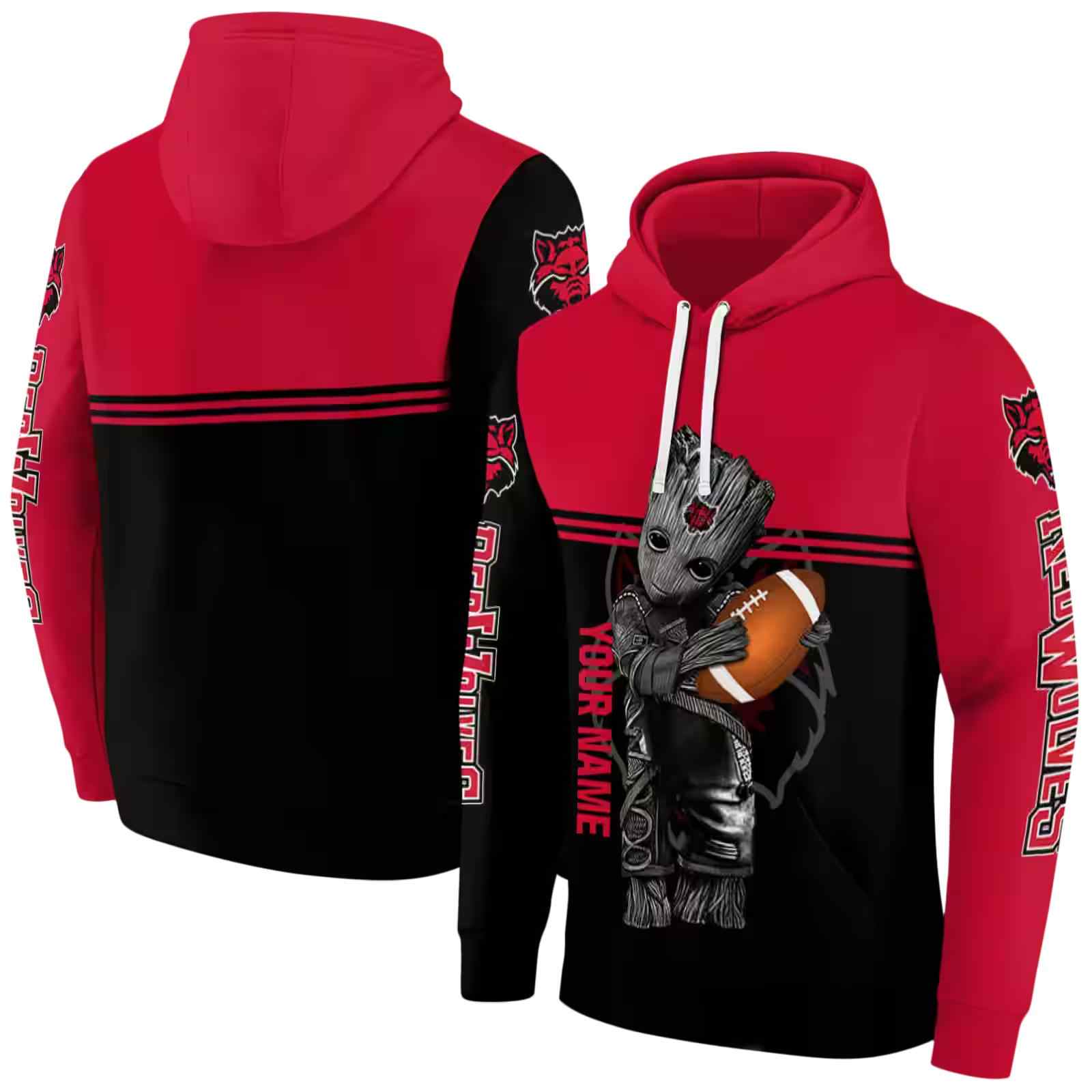 custom arkansas state red wolves baby groot scarlet black hoodie fashion forward