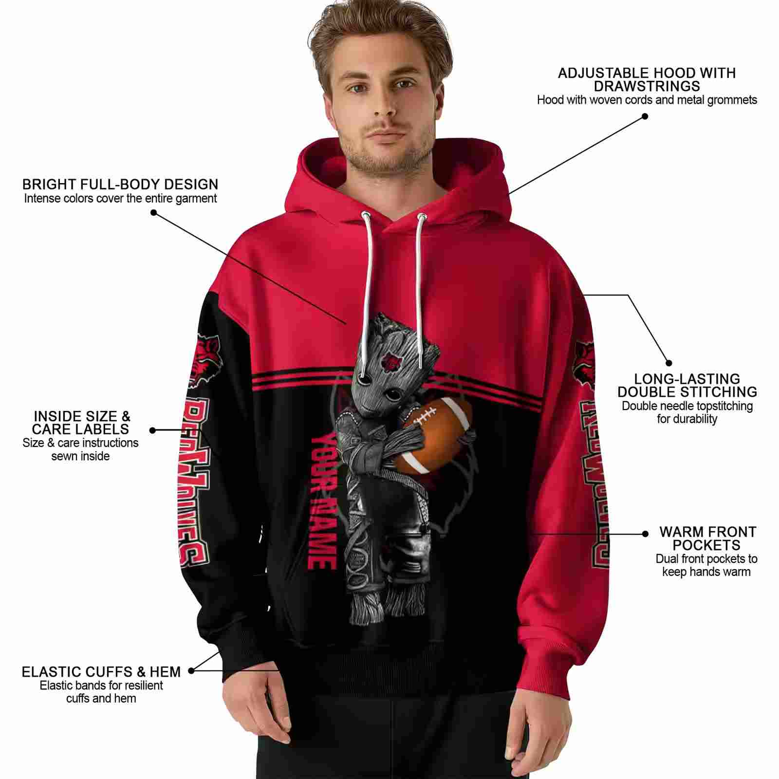 custom arkansas state red wolves baby groot scarlet black hoodie latest model