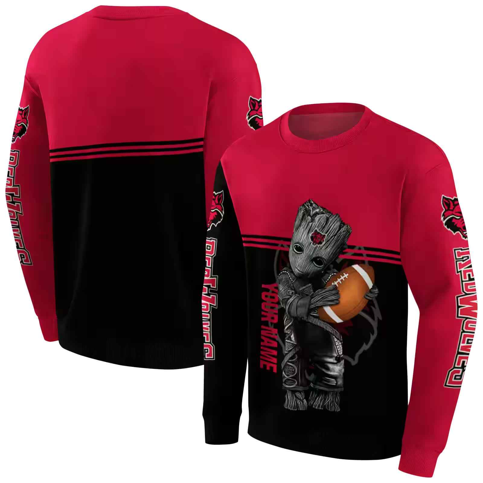 custom arkansas state red wolves baby groot scarlet black hoodie premium grade