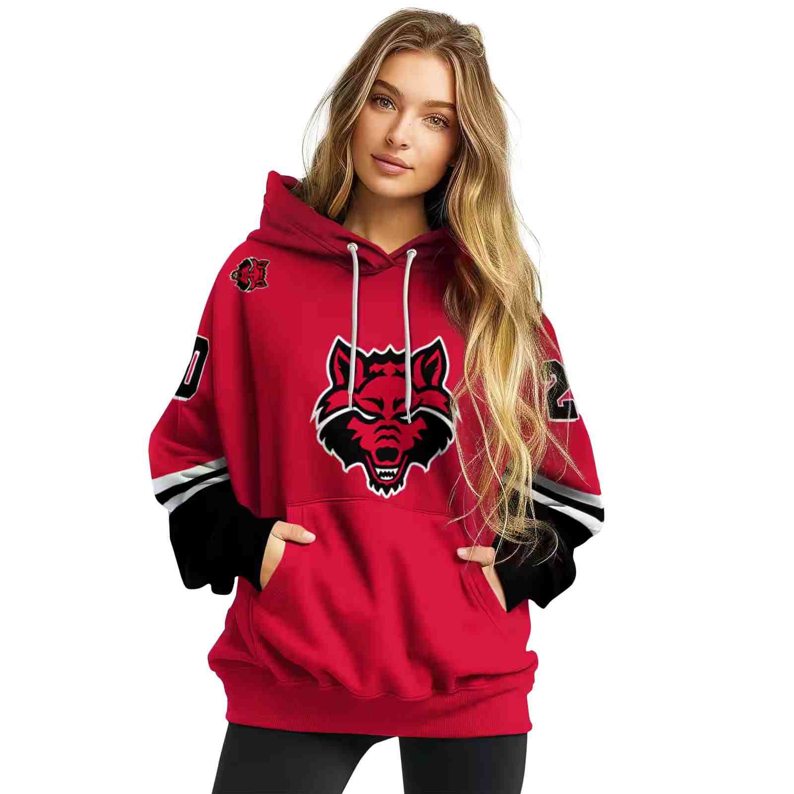 custom arkansas state red wolves striped sleeves scarlet hoodie high quality