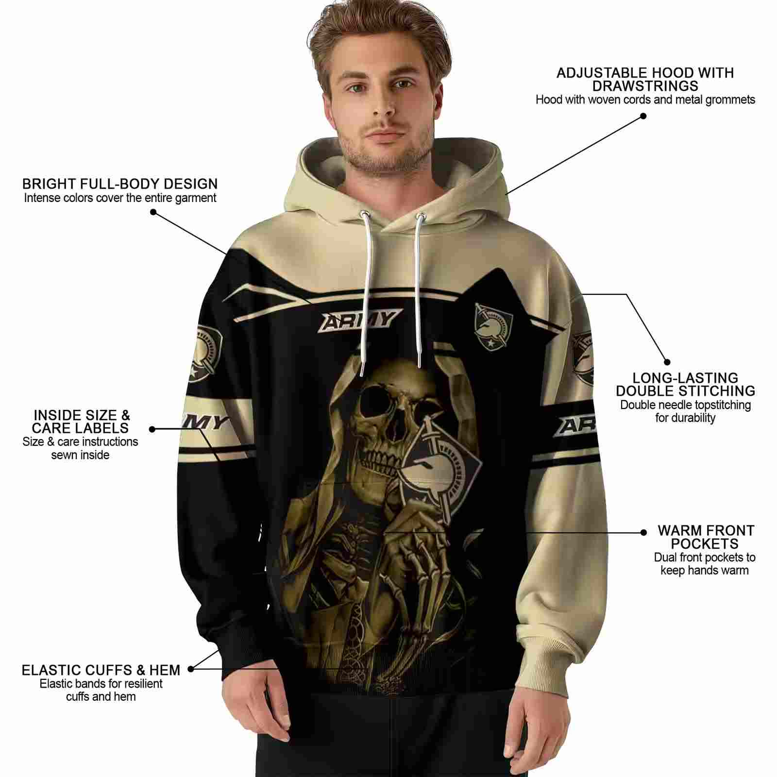 custom army black knights grim reaper gold black hoodie latest model