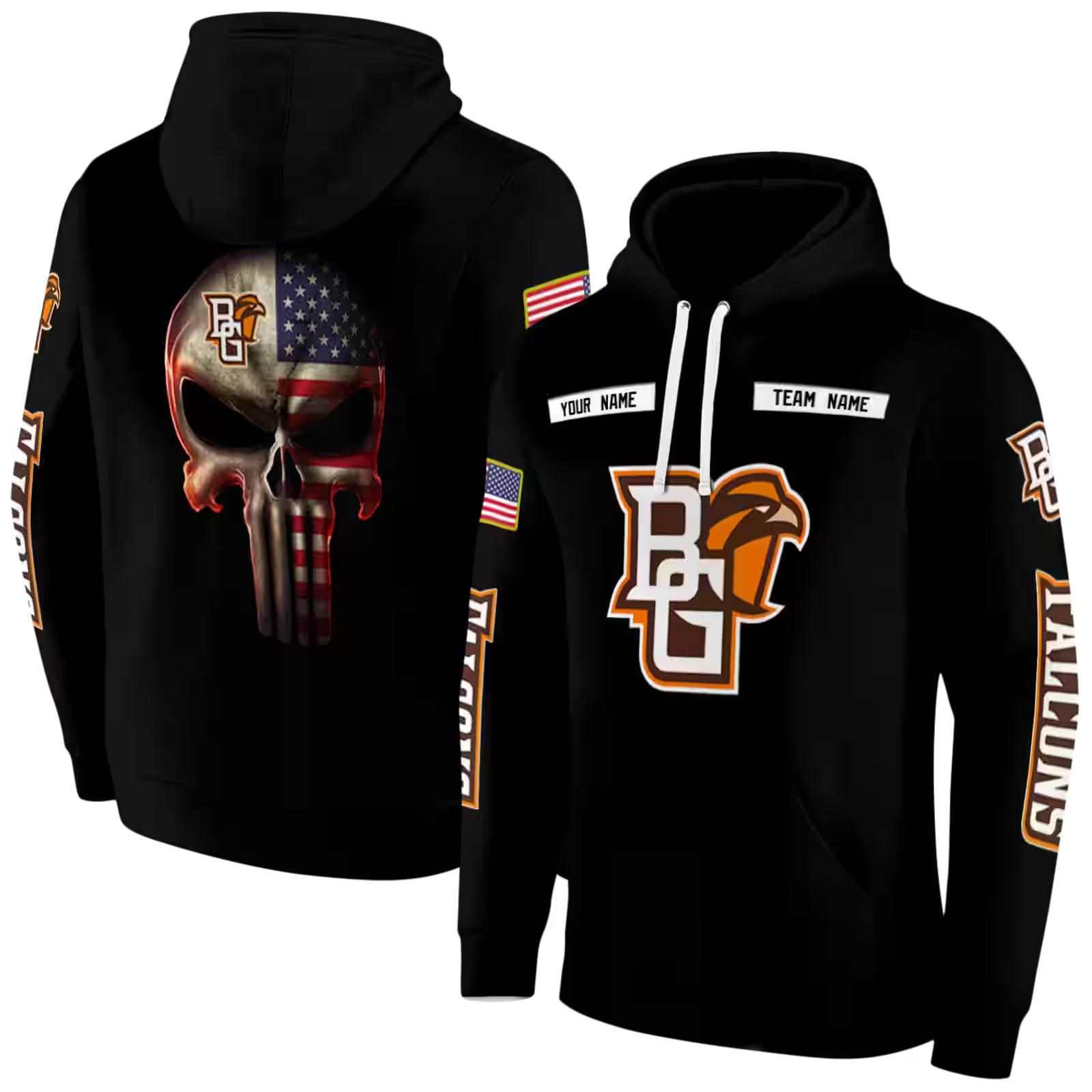 custom bowling green falcons punisher skull black hoodie fashion forward