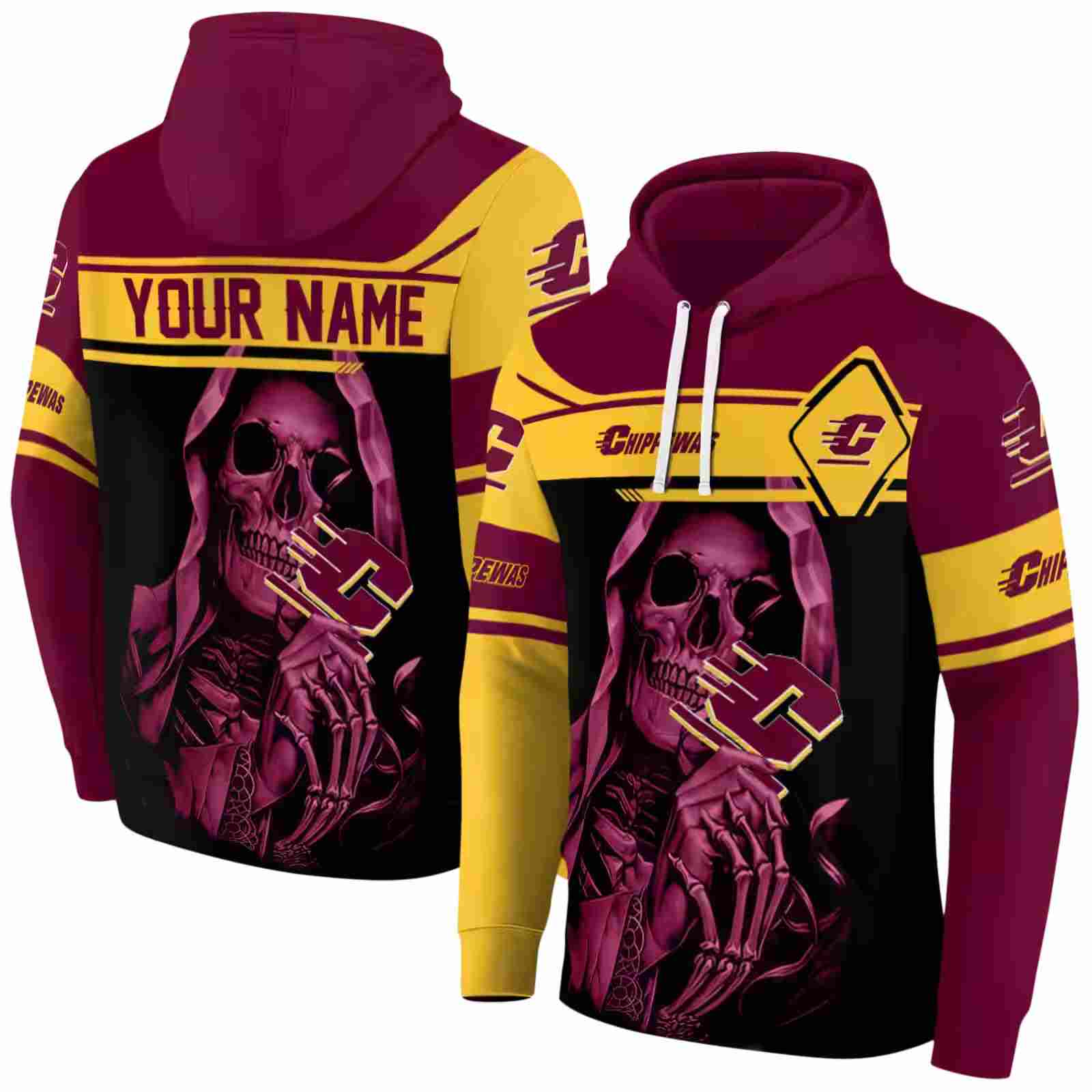 custom central michigan chippewas grim reaper maroon black hoodie fashion forward
