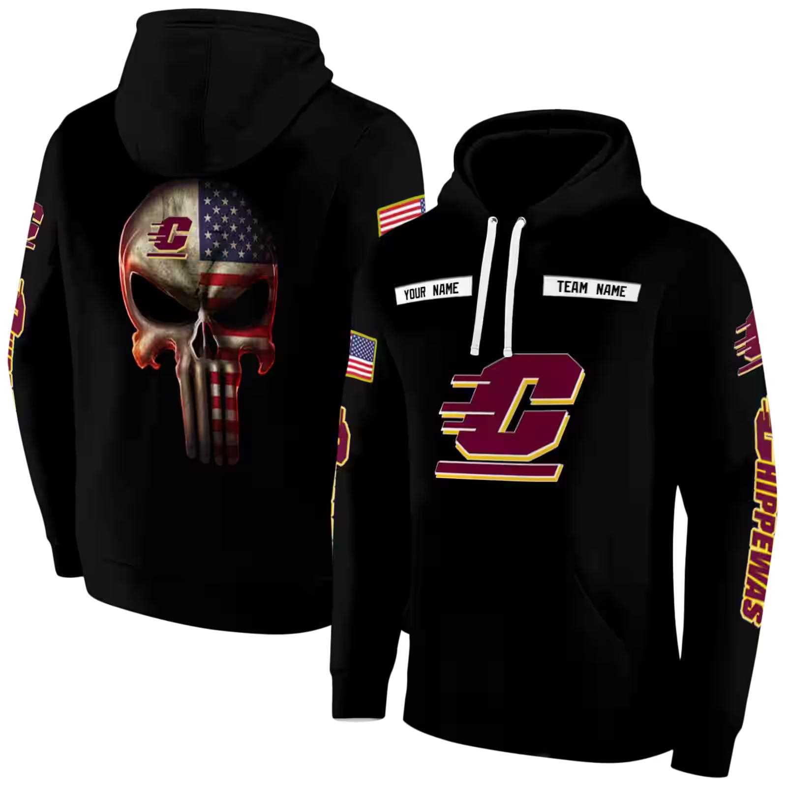 custom central michigan chippewas punisher skull black hoodie fashion forward