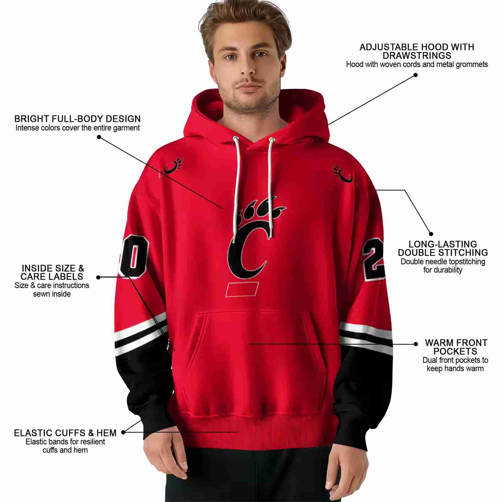 custom cincinnati bearcats striped sleeves red hoodie latest model