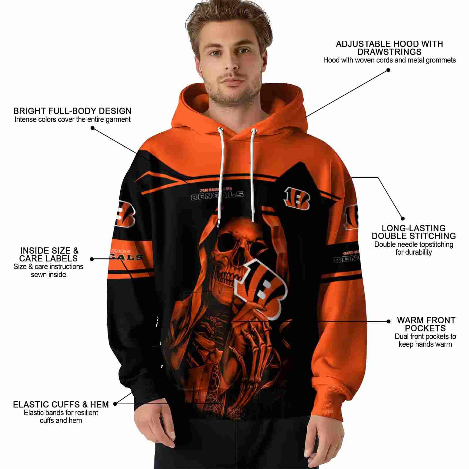 custom cincinnati bengals grim reaper orange black hoodie latest model