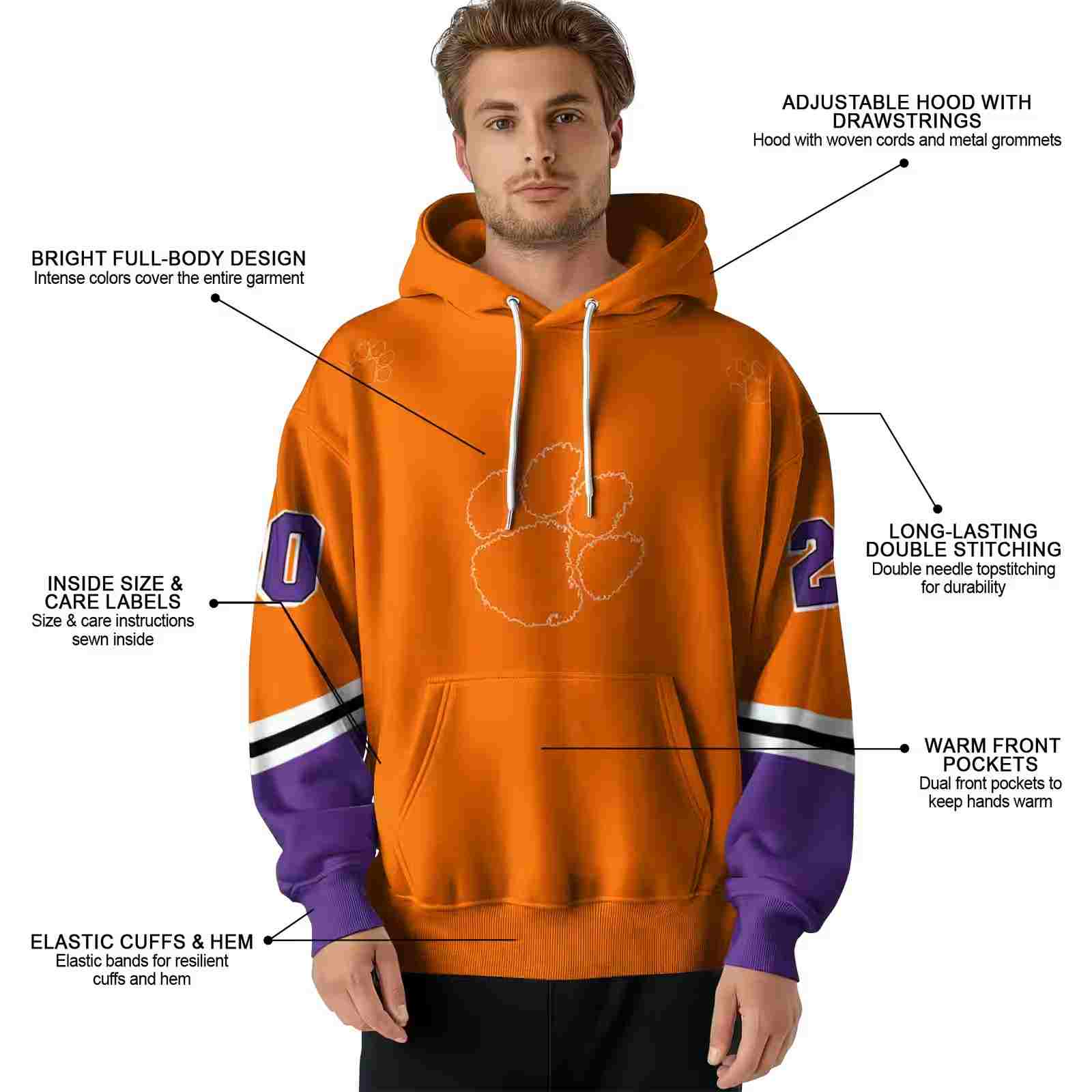 custom clemson tigers striped sleeves orange hoodie latest model