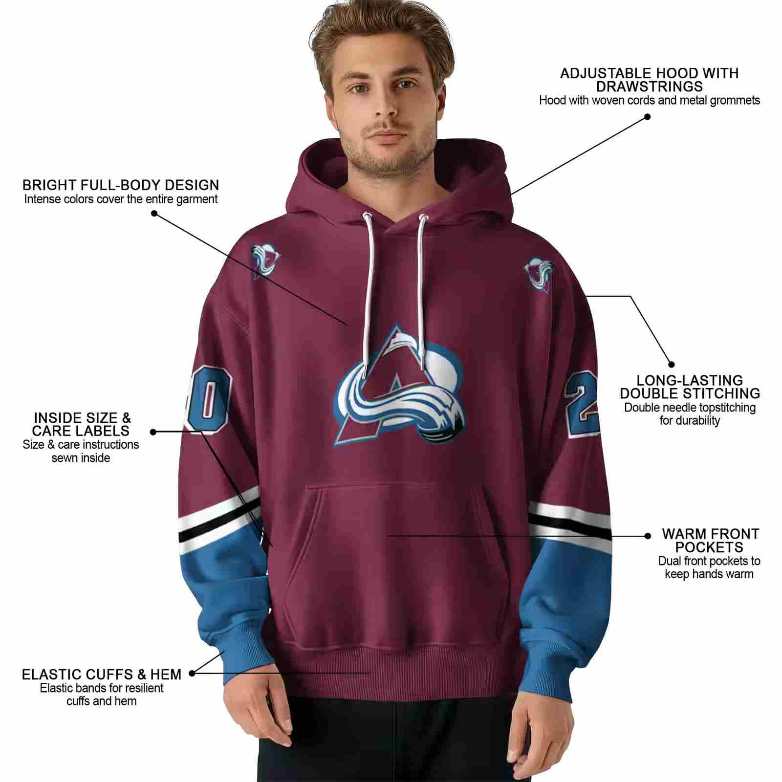 custom colorado avalanche striped sleeves burgundy hoodie latest model