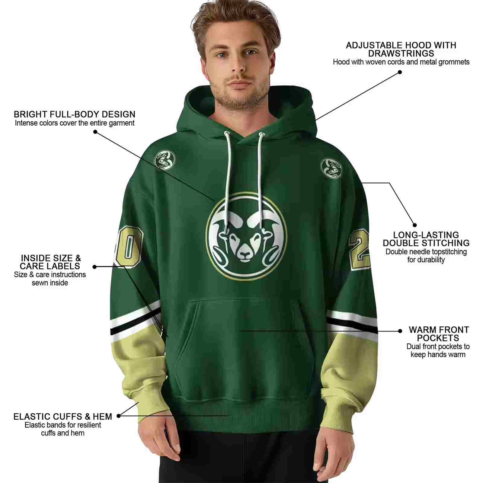 custom colorado state rams striped sleeves green hoodie latest model