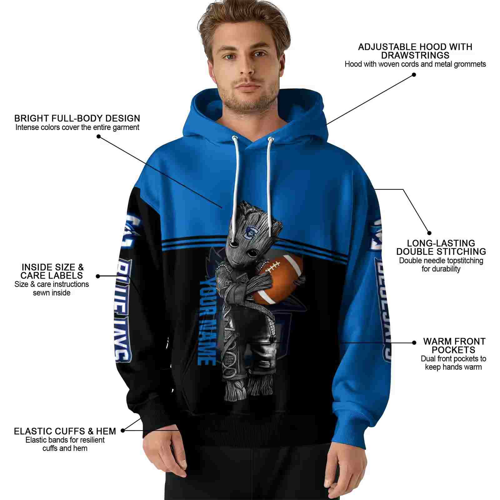 custom creighton bluejays baby groot blue black hoodie latest model