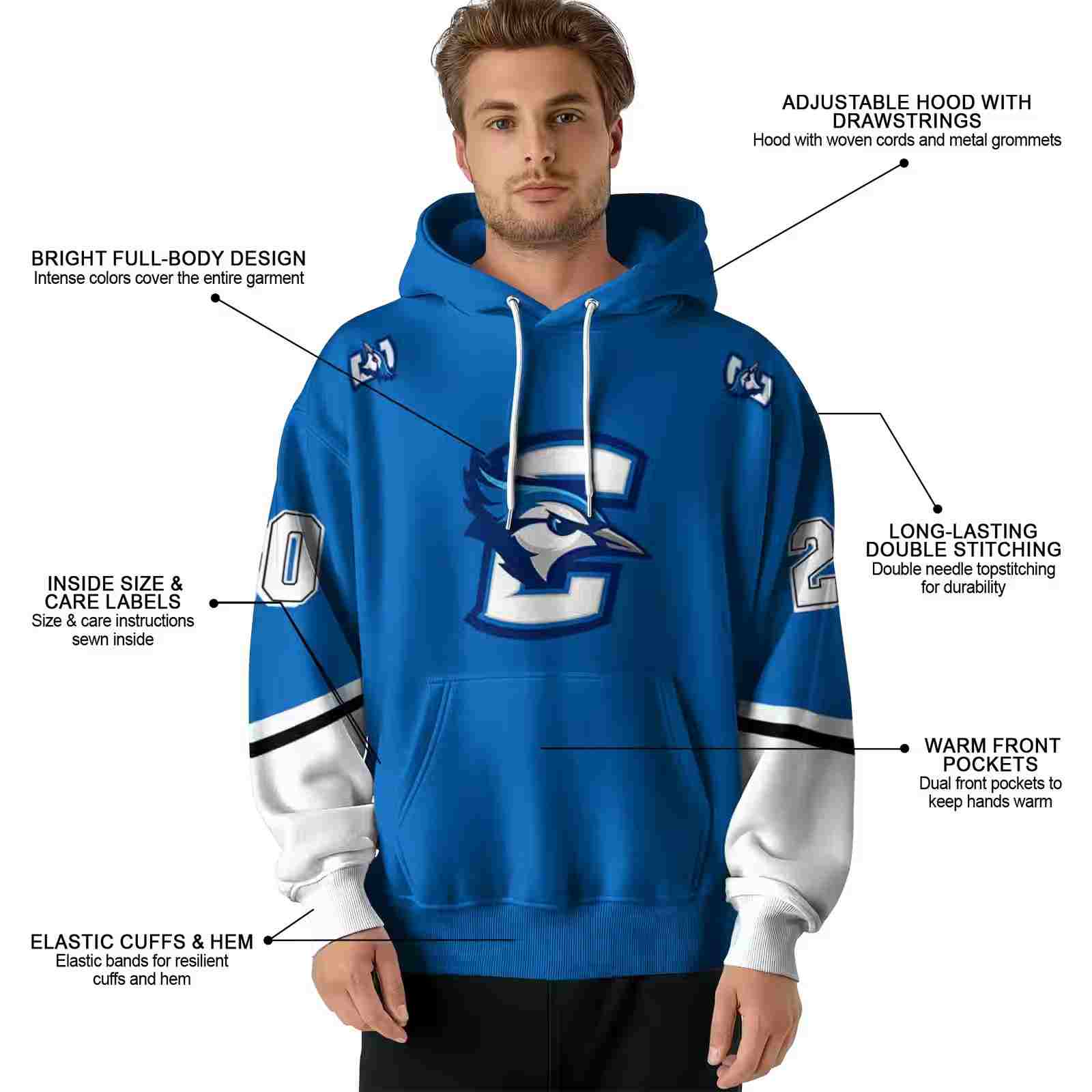 custom creighton bluejays striped sleeves blue hoodie latest model