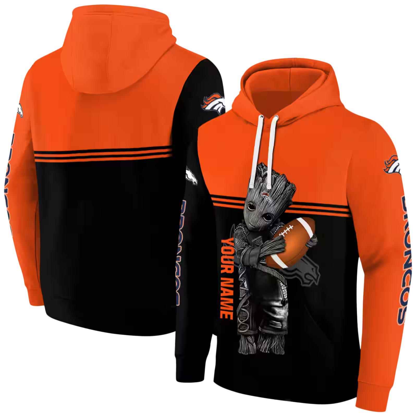 custom denver broncos baby groot orange black hoodie fashion forward