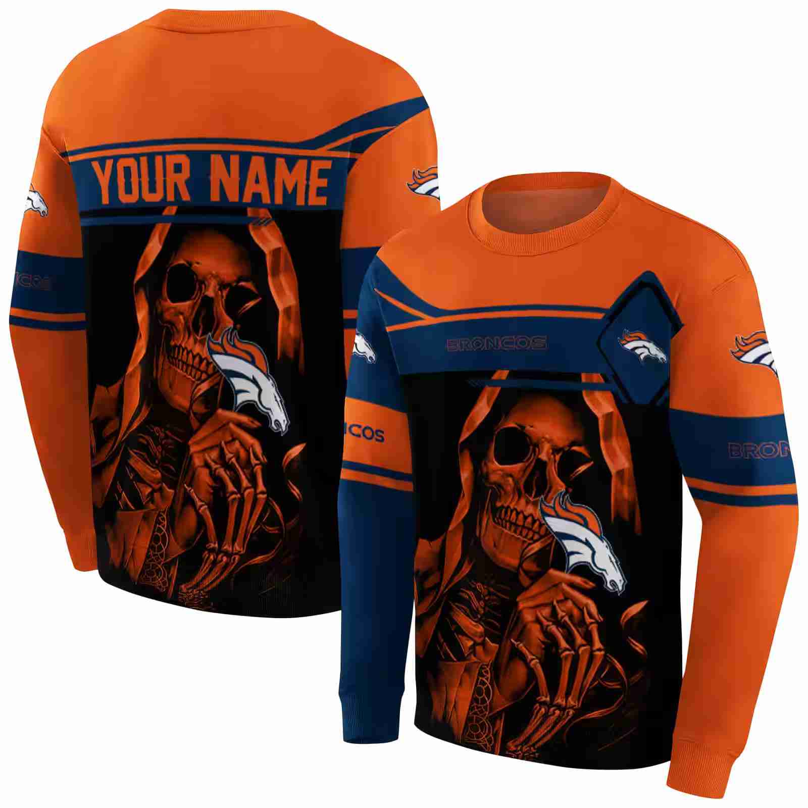 custom denver broncos grim reaper orange black hoodie premium grade