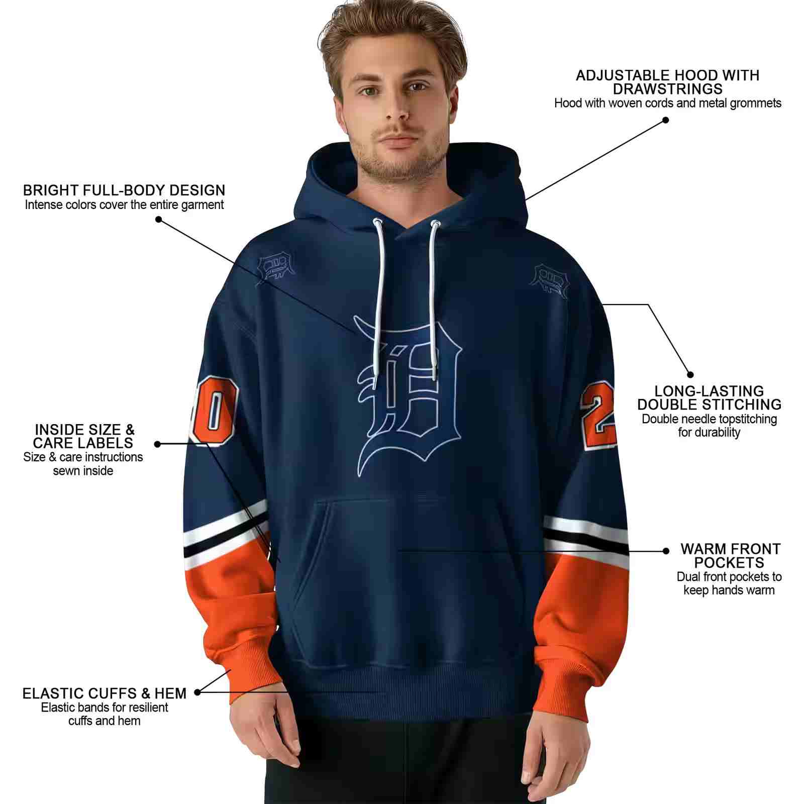 custom detroit tigers striped sleeves navy hoodie latest model