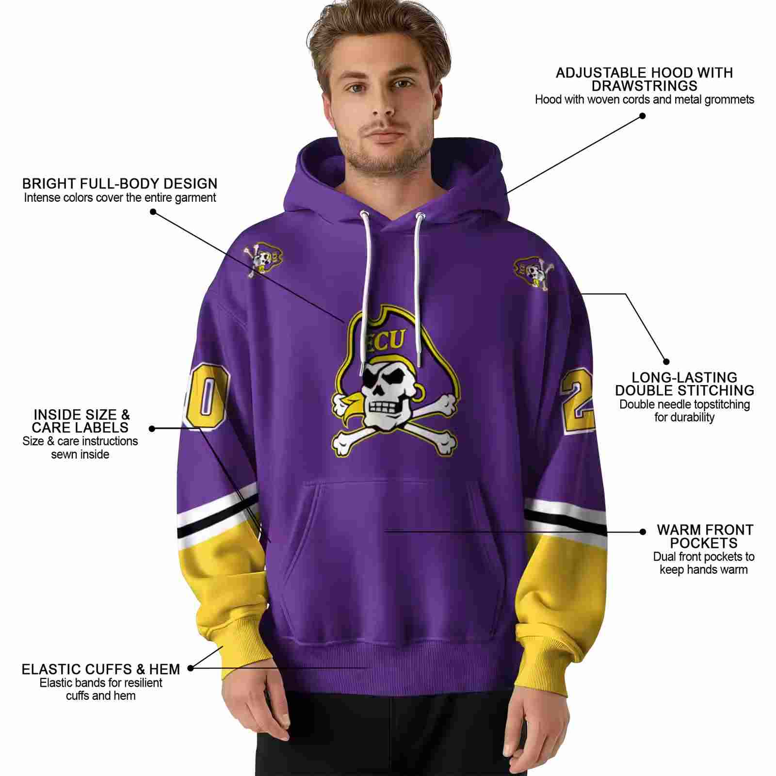 custom east carolina pirates striped sleeves purple hoodie latest model