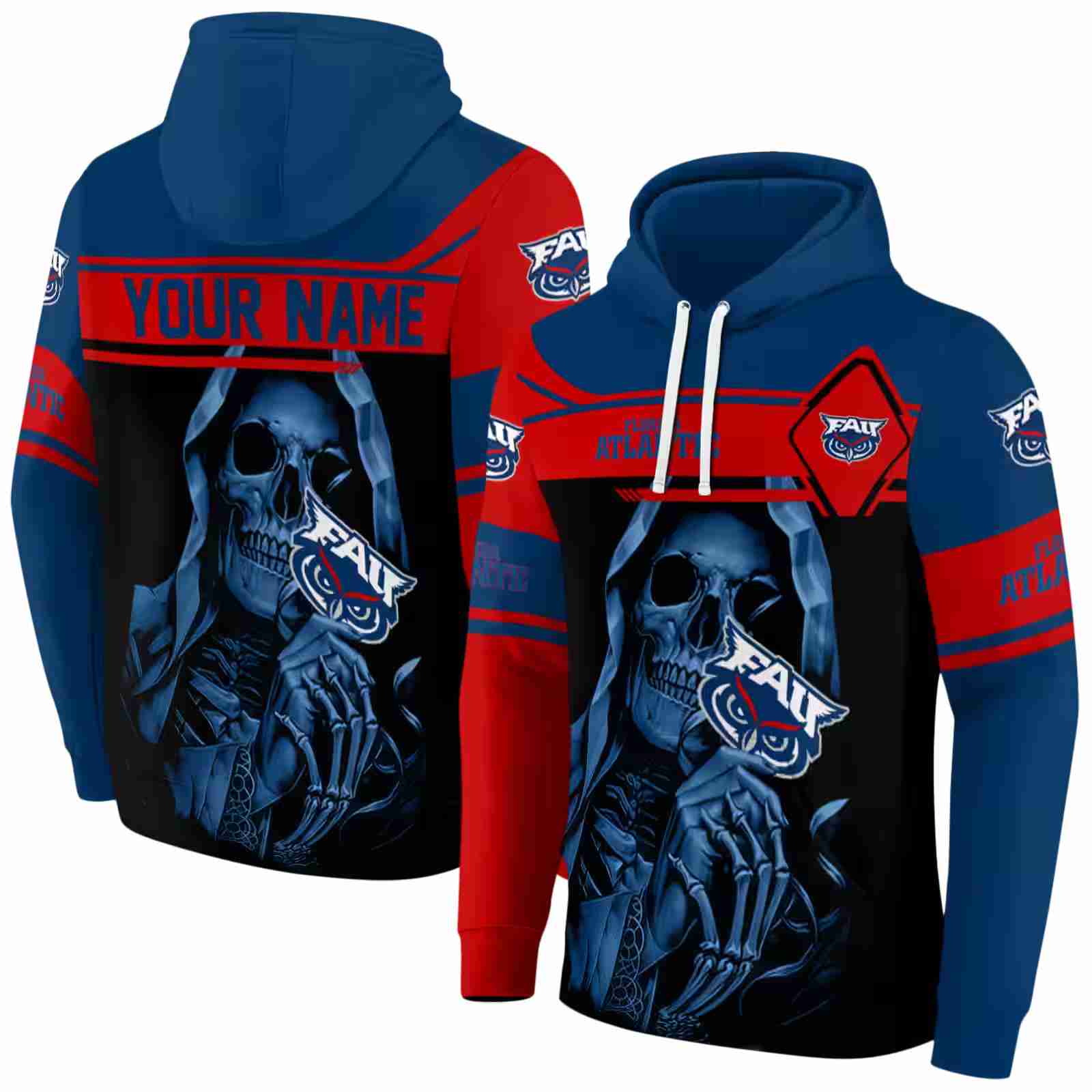 custom florida atlantic owls grim reaper blue black hoodie fashion forward