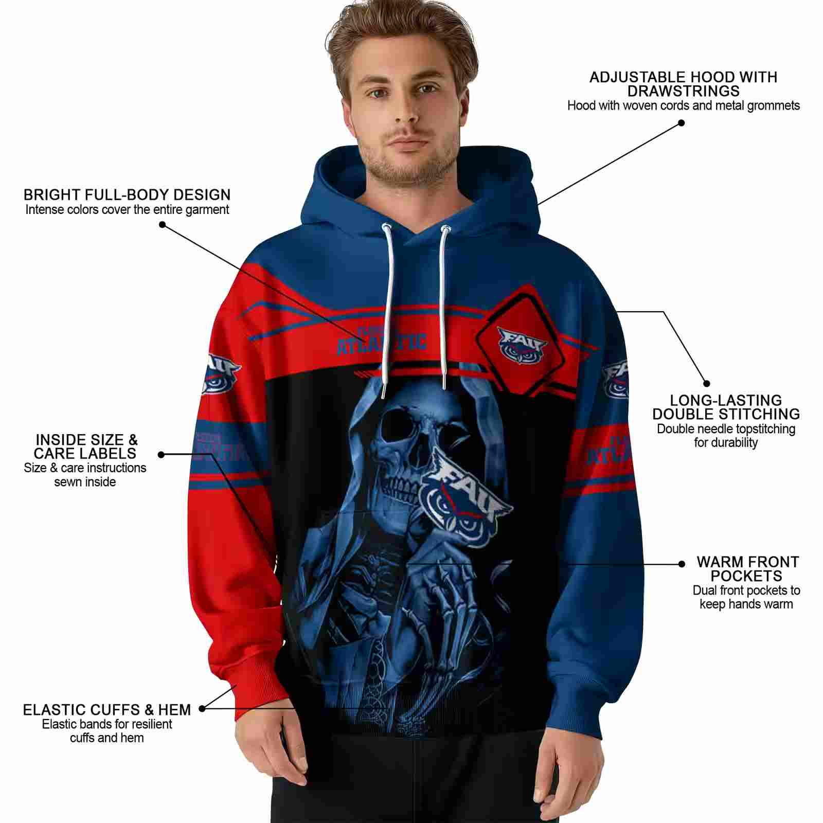 custom florida atlantic owls grim reaper blue black hoodie latest model