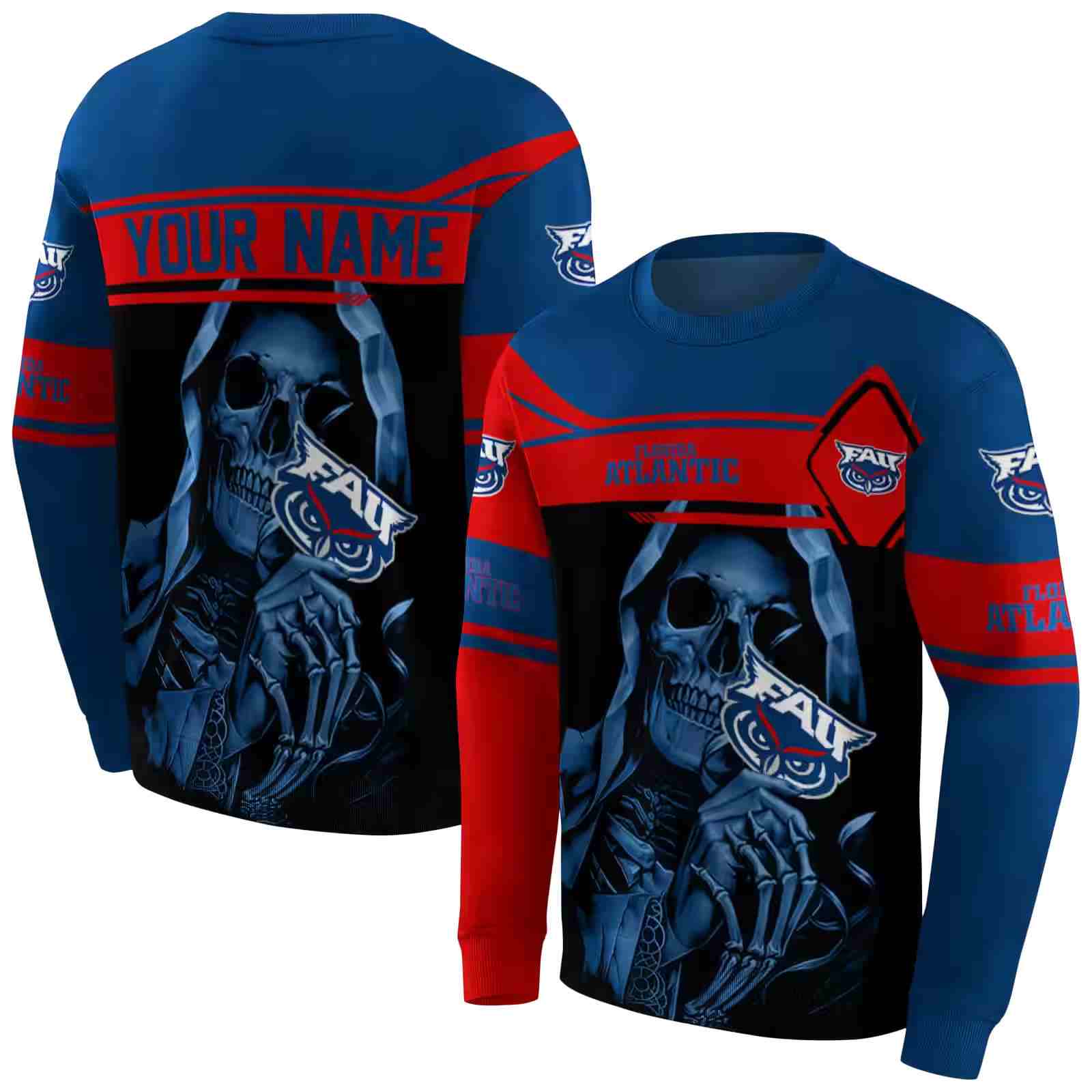 custom florida atlantic owls grim reaper blue black hoodie premium grade