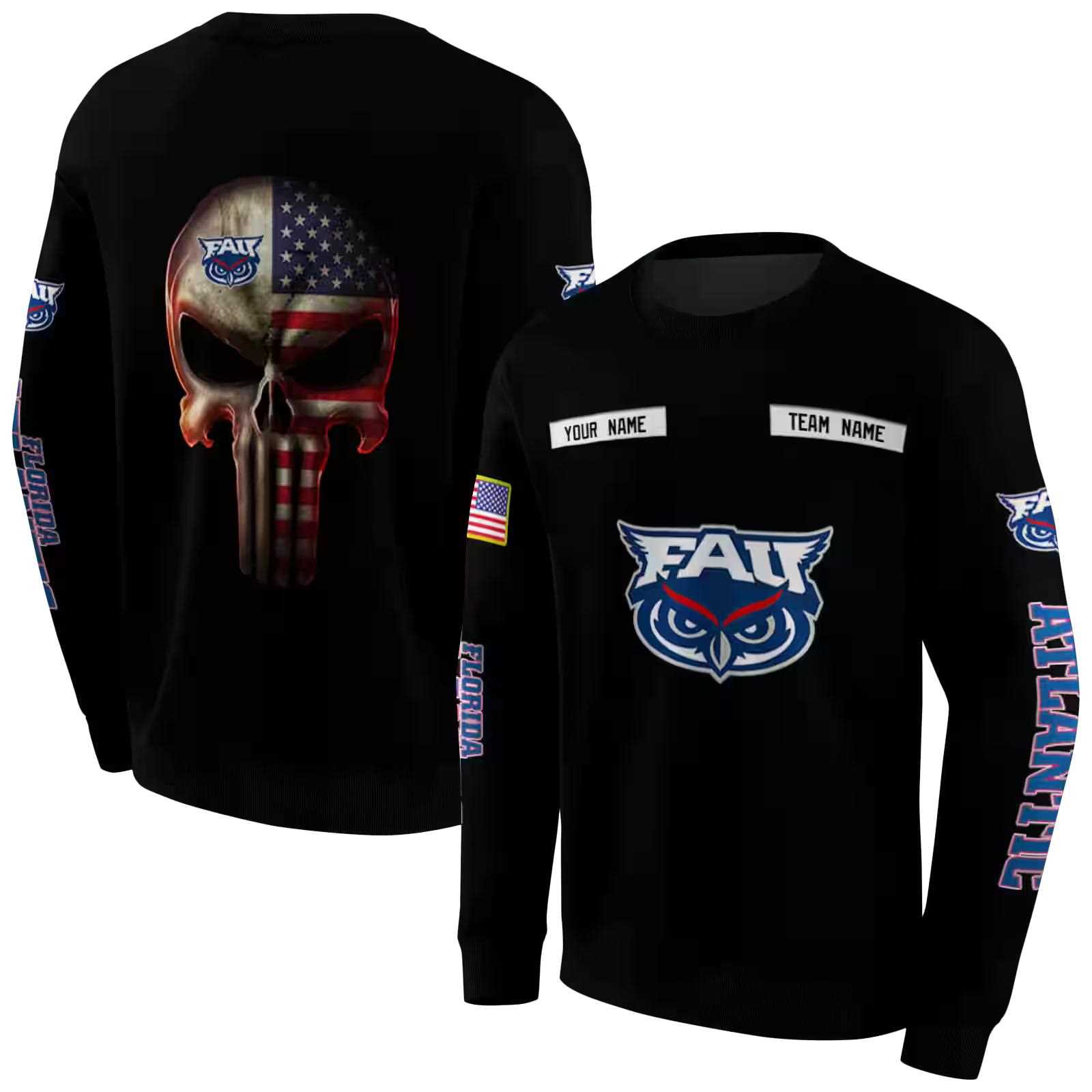 custom florida atlantic owls punisher skull black hoodie premium grade