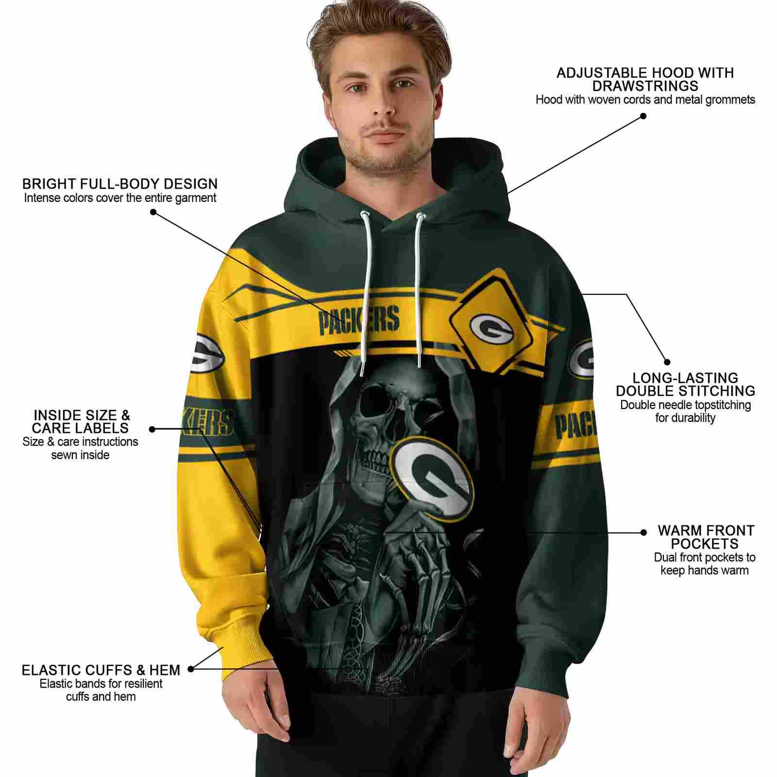 custom green bay packers grim reaper green black hoodie latest model