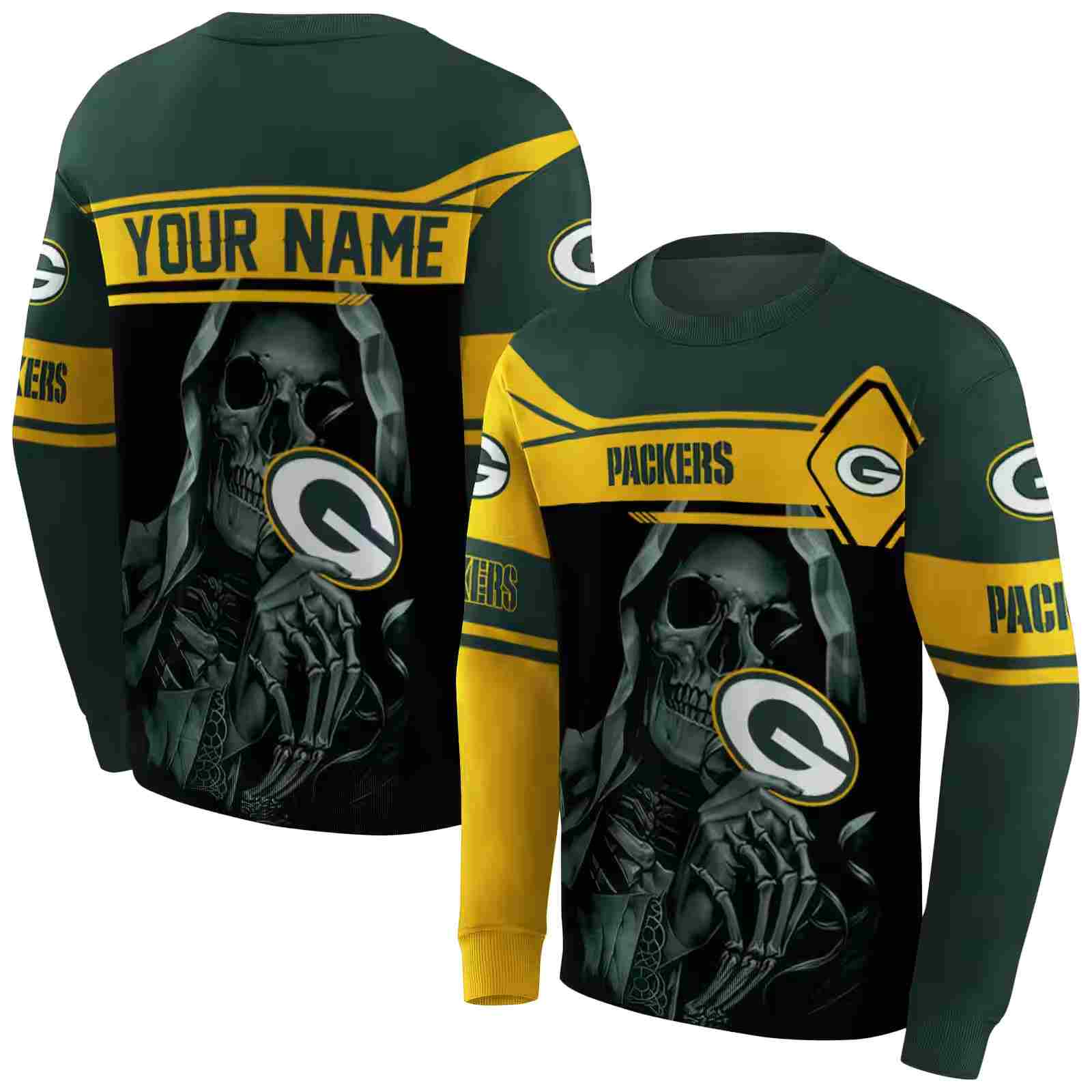 custom green bay packers grim reaper green black hoodie premium grade