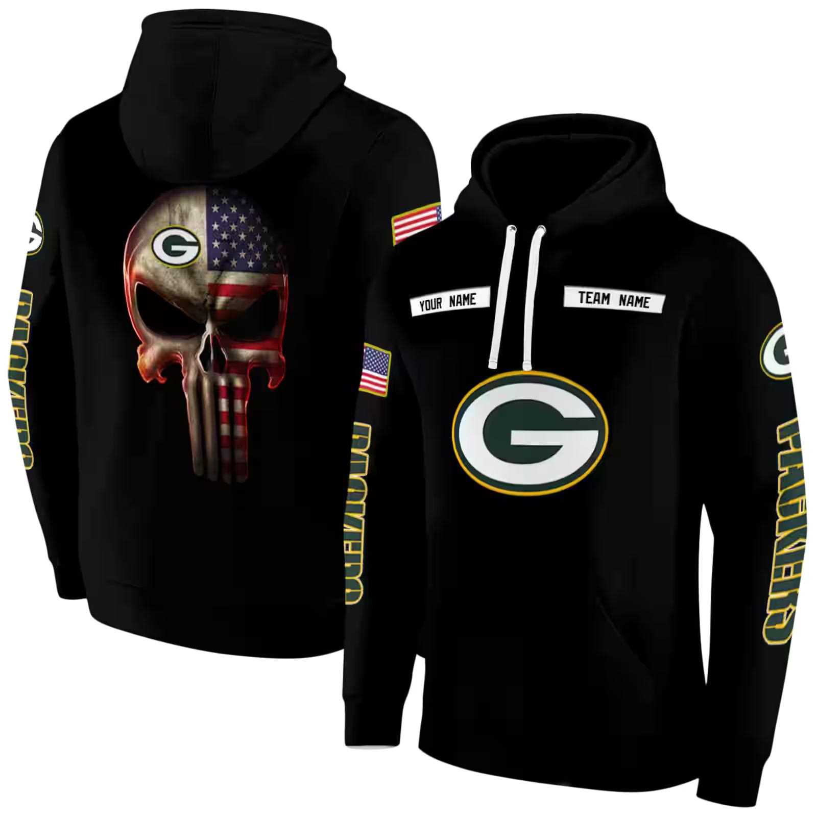 custom green bay packers punisher skull black hoodie fashion forward