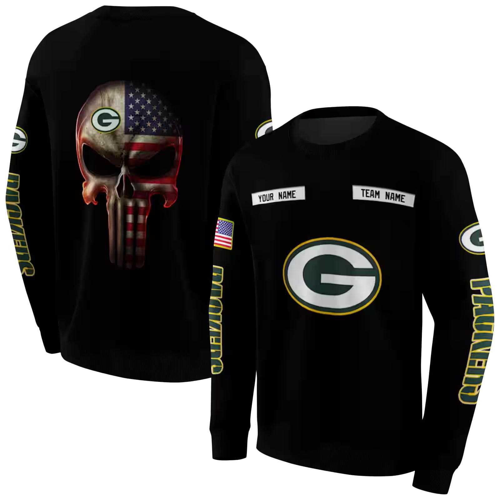 custom green bay packers punisher skull black hoodie premium grade