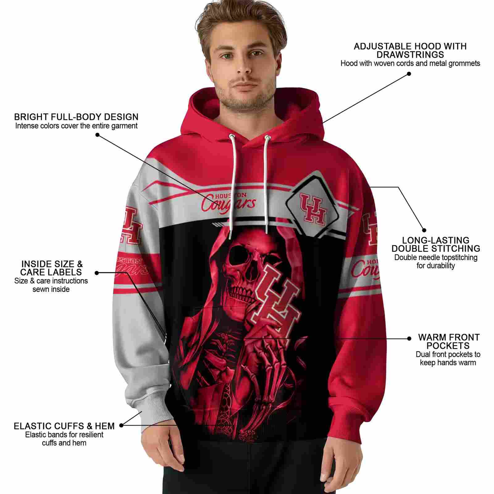 custom houston cougars grim reaper red black hoodie latest model