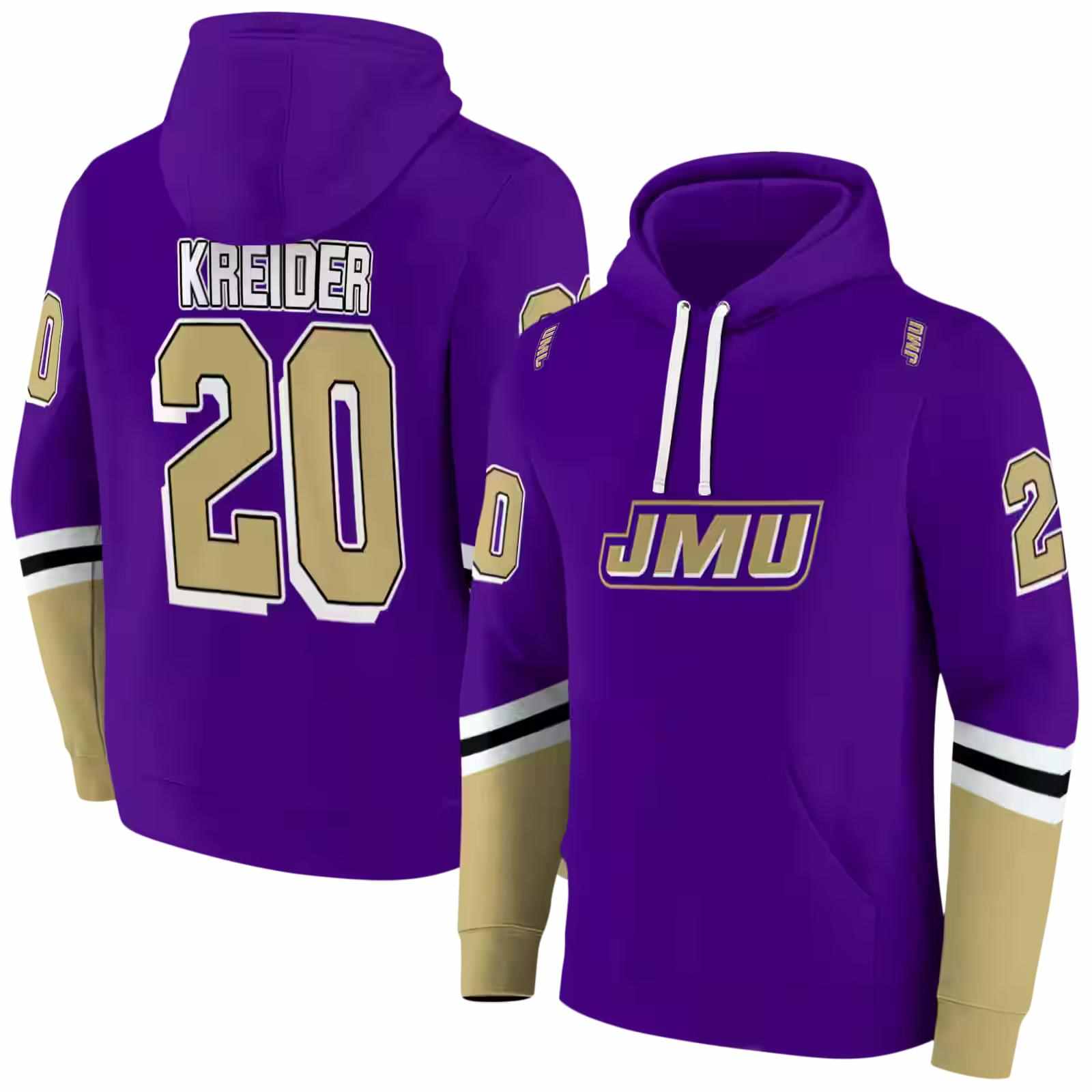 custom james madison dukes striped sleeves purple hoodie fashion forward