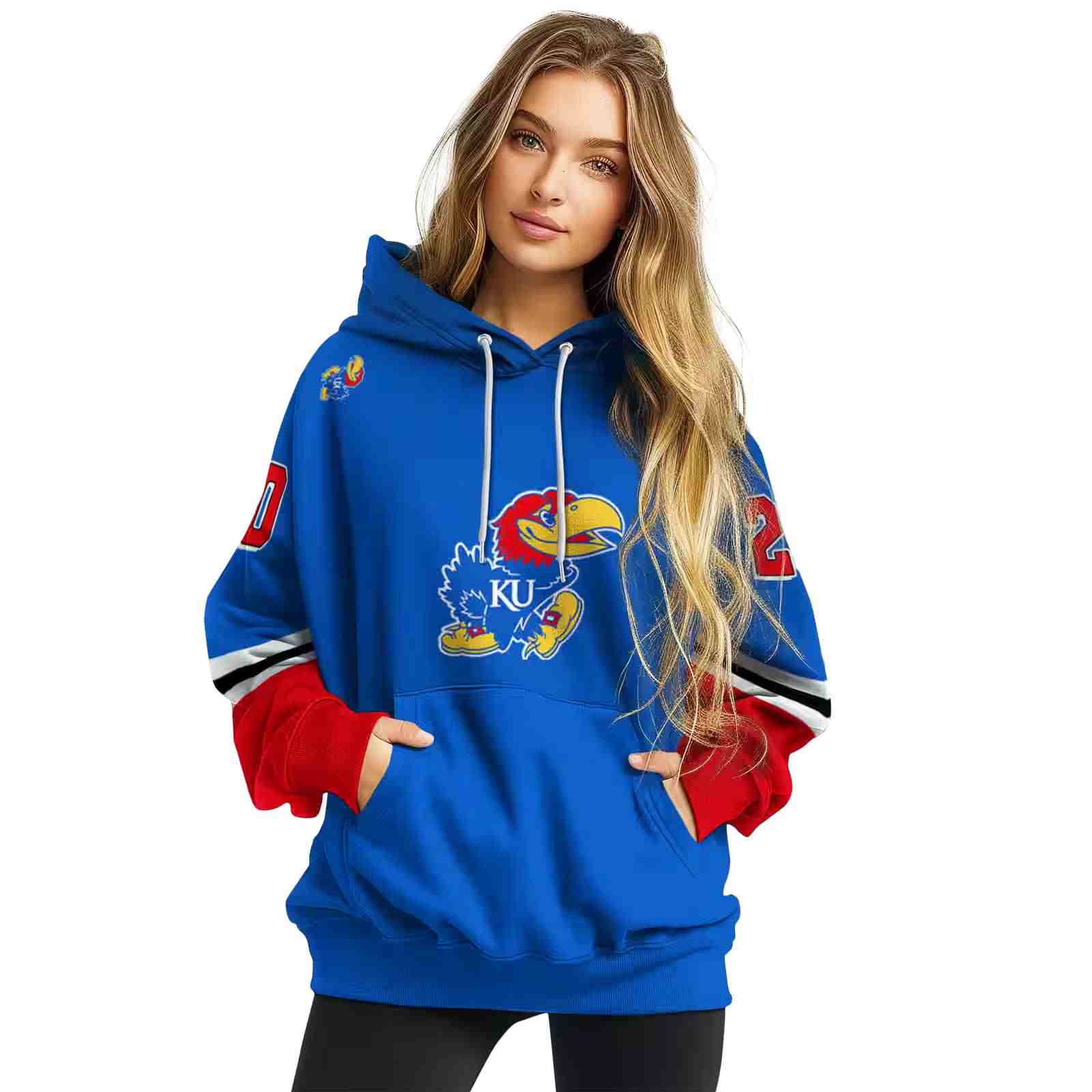 custom kansas jayhawks striped sleeves blue hoodie high quality