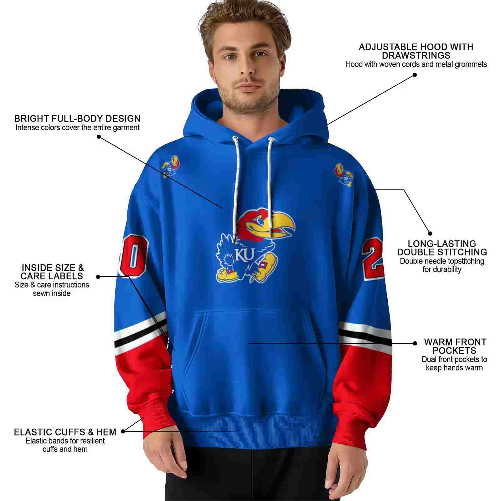 custom kansas jayhawks striped sleeves blue hoodie latest model