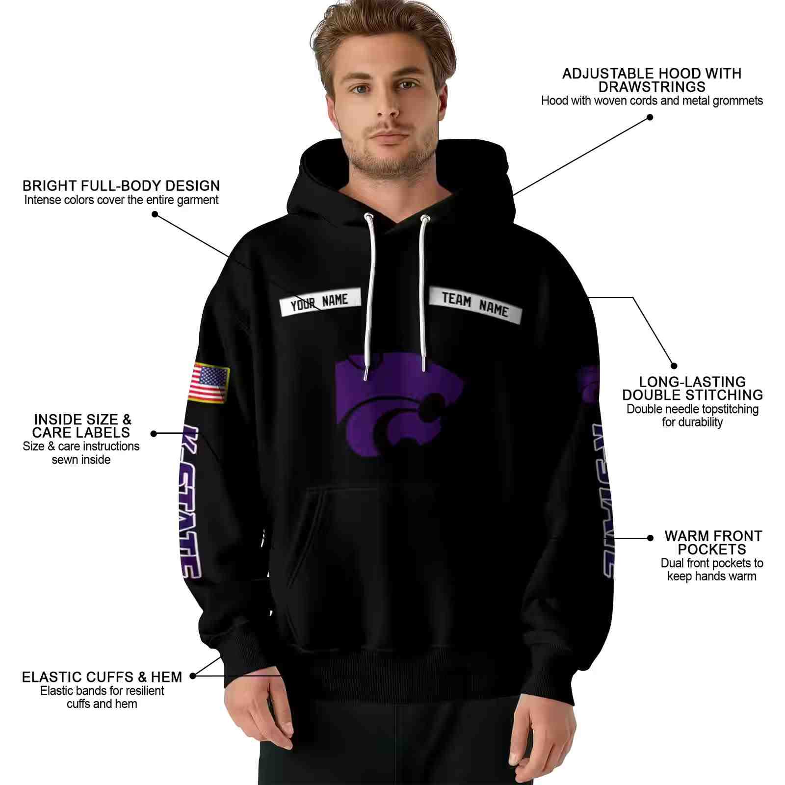 custom kansas state wildcats punisher skull black hoodie latest model