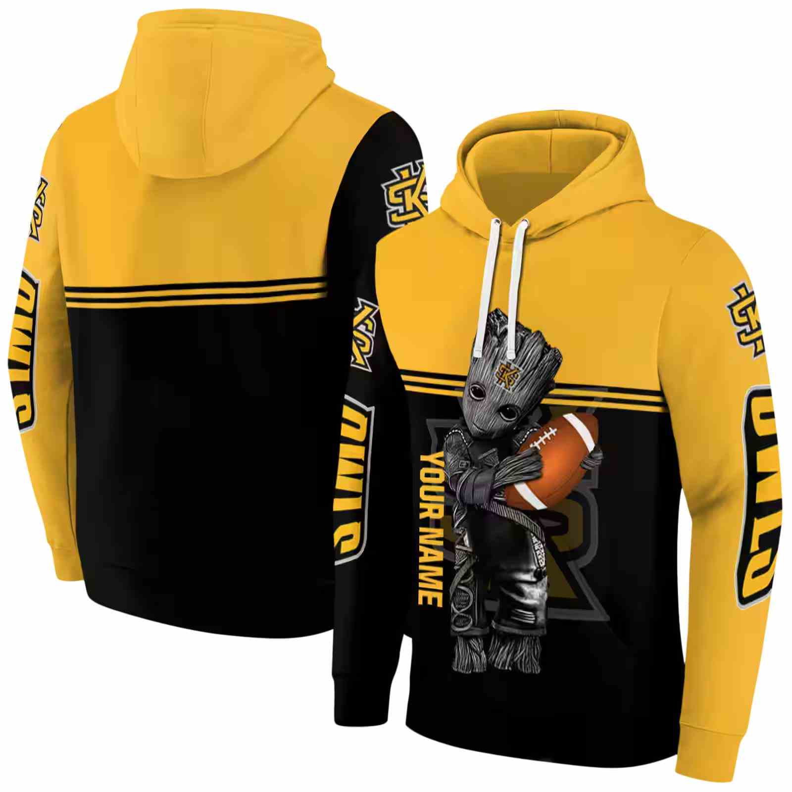 custom kennesaw state owls baby groot gold black hoodie fashion forward