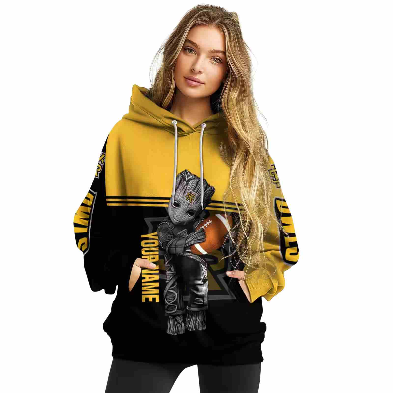 custom kennesaw state owls baby groot gold black hoodie high quality