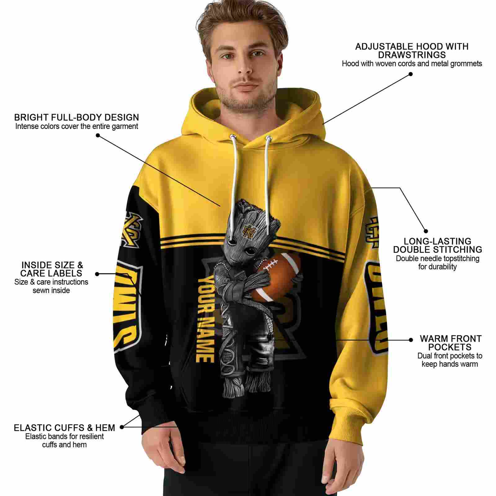 custom kennesaw state owls baby groot gold black hoodie latest model