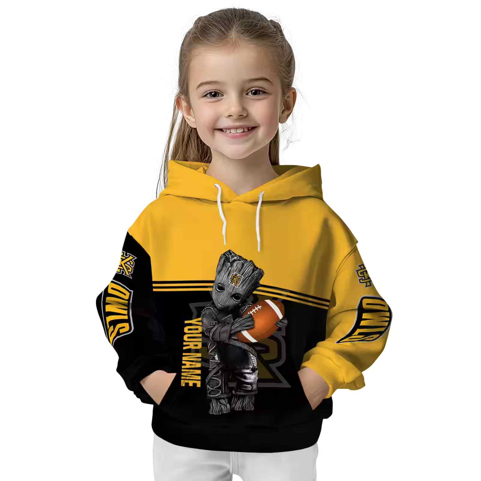 custom kennesaw state owls baby groot gold black hoodie top rated