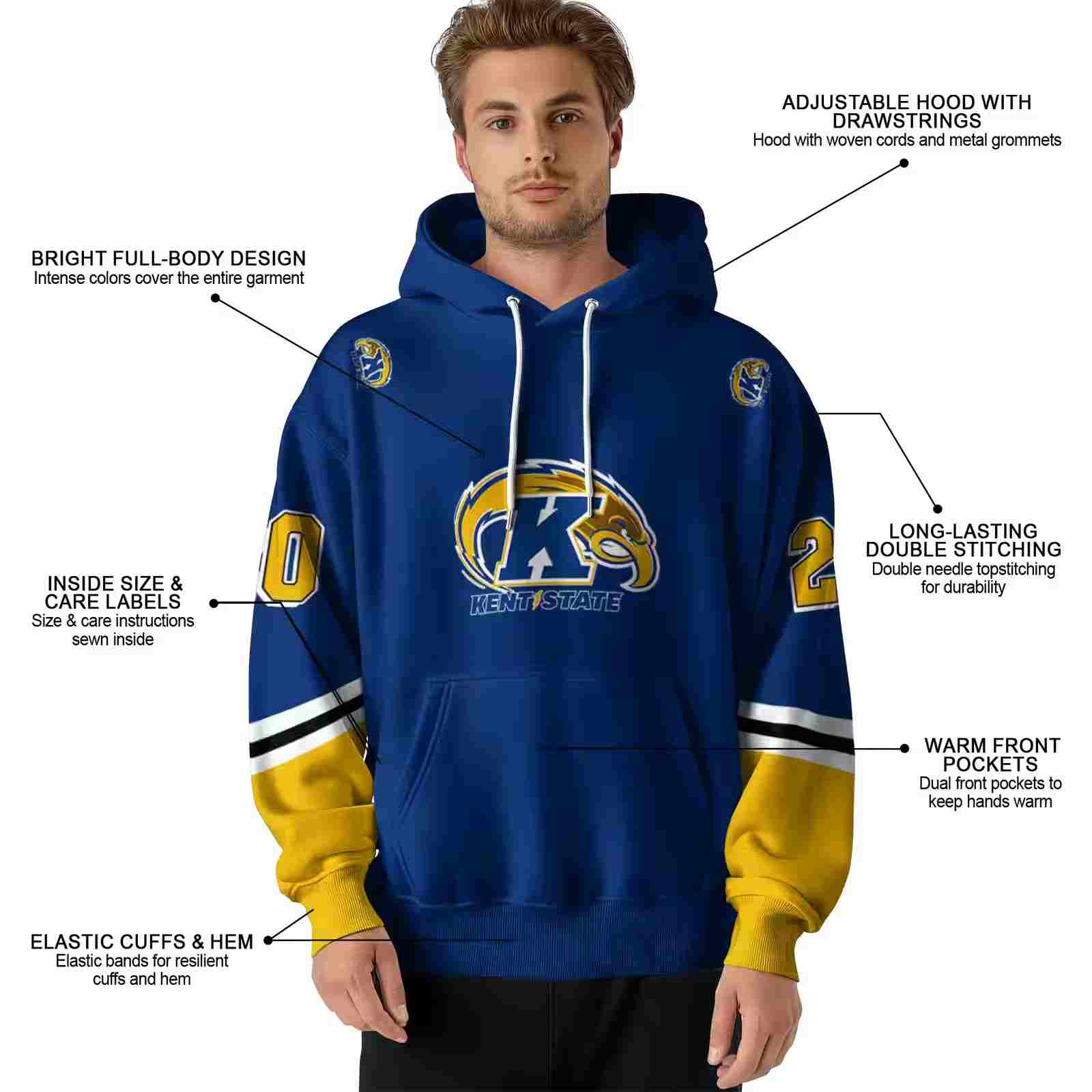 custom kent state golden flashes striped sleeves navy blue hoodie latest model