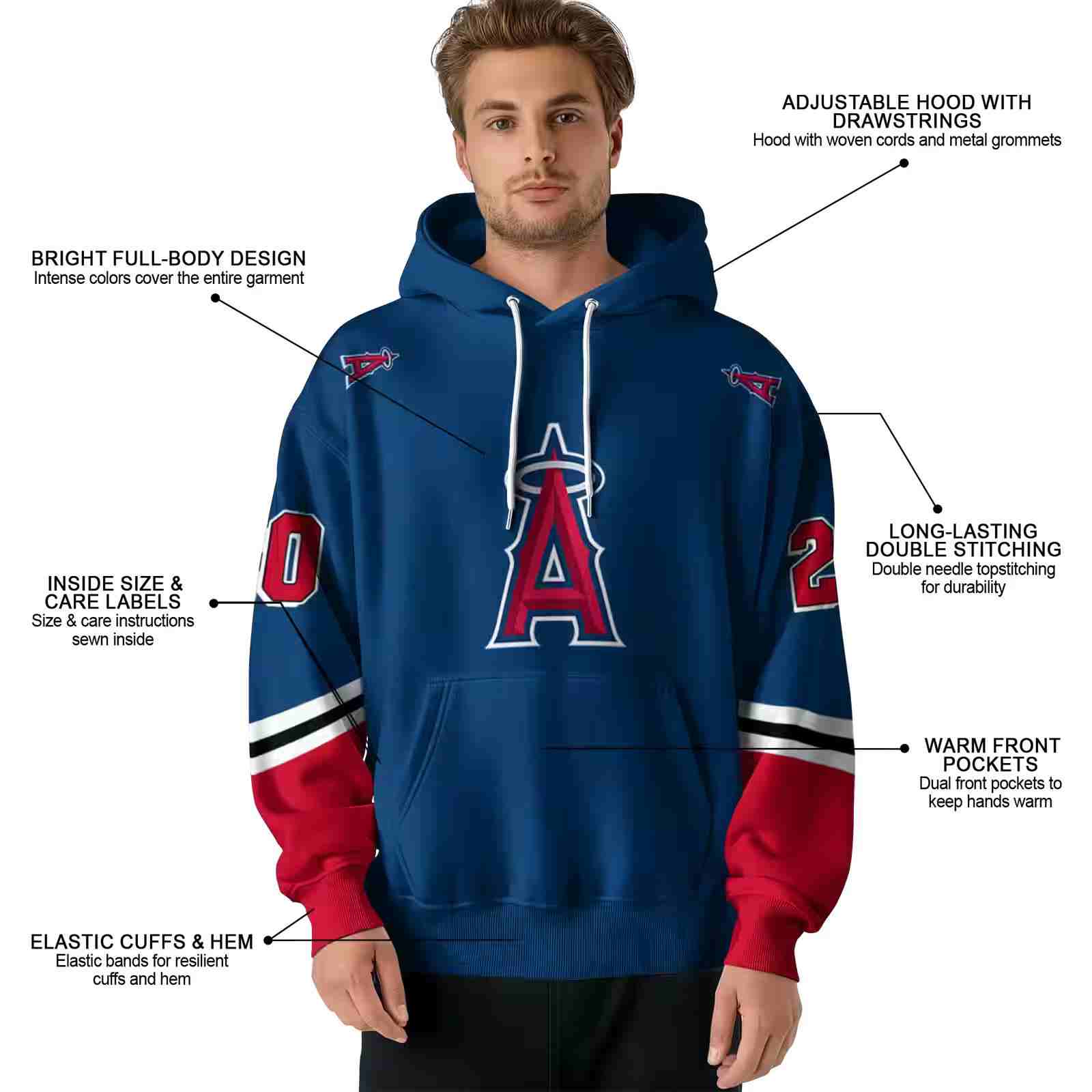 custom los angeles angels striped sleeves blue hoodie latest model