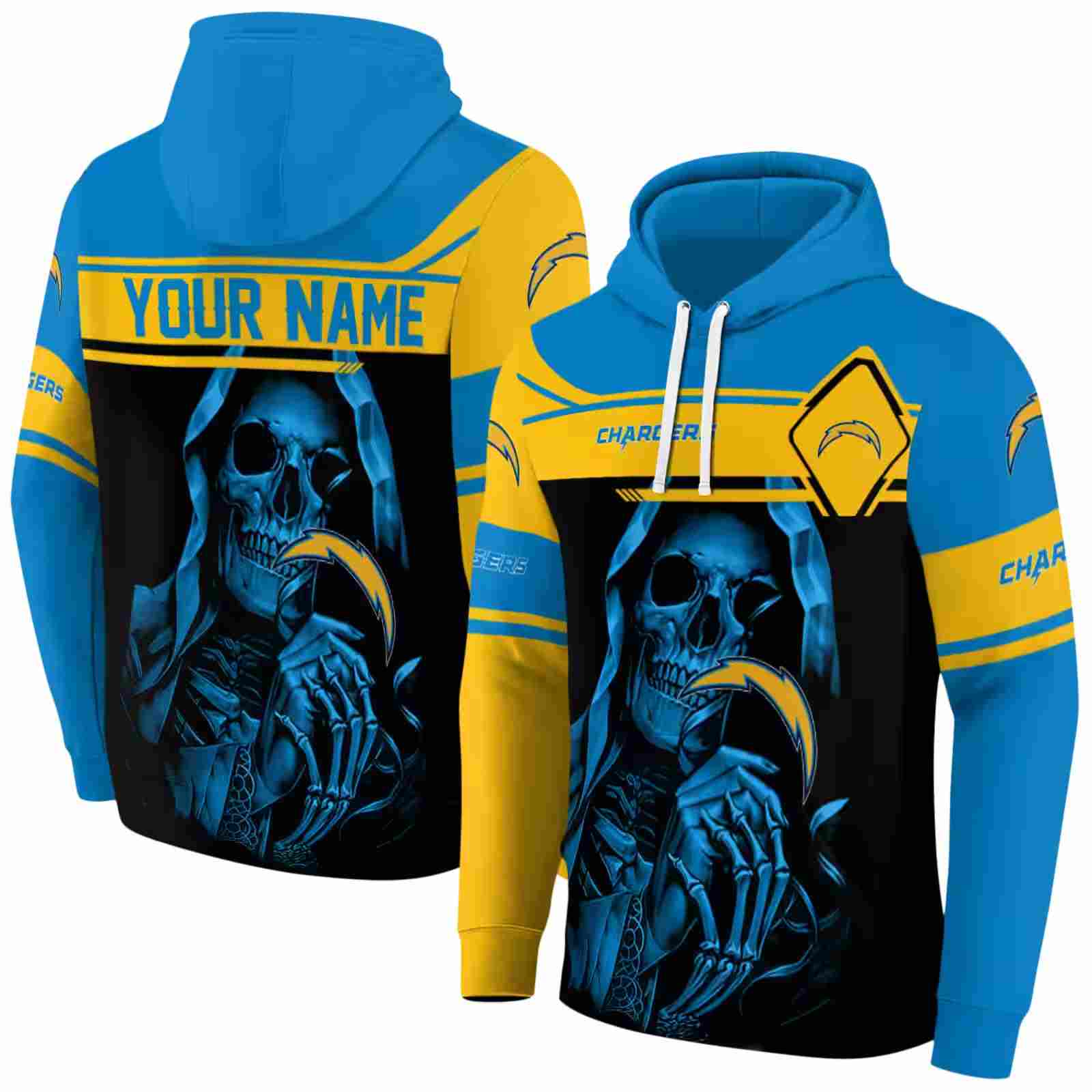 custom los angeles chargers grim reaper blue black hoodie fashion forward