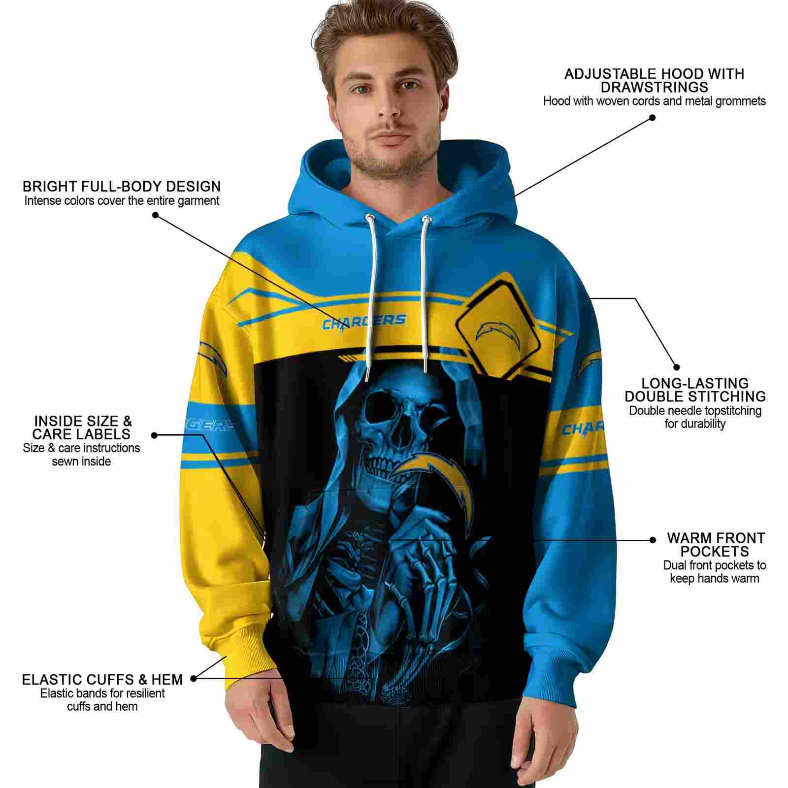 custom los angeles chargers grim reaper blue black hoodie latest model