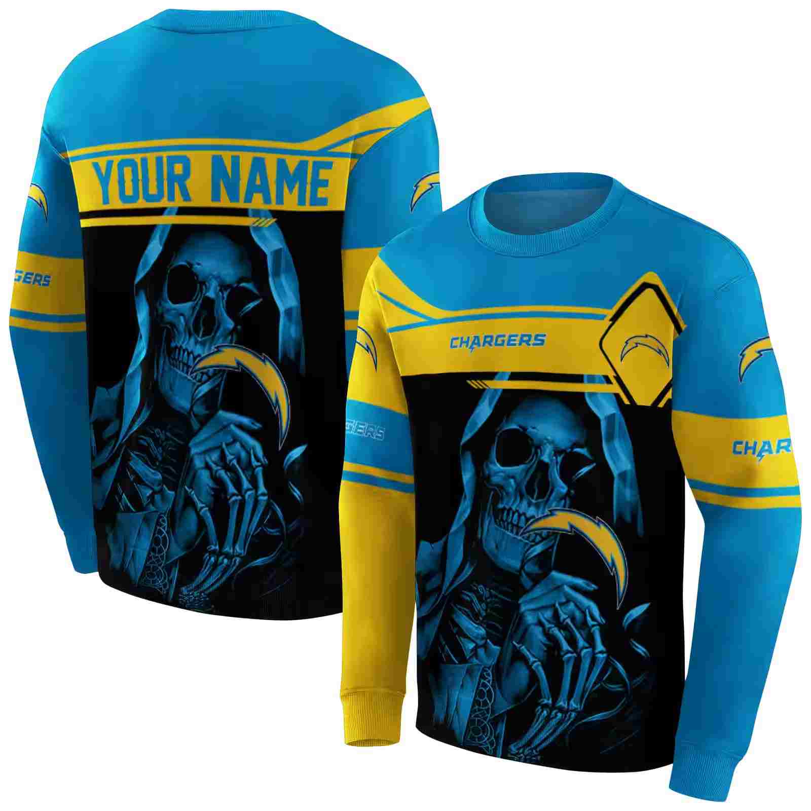 custom los angeles chargers grim reaper blue black hoodie premium grade