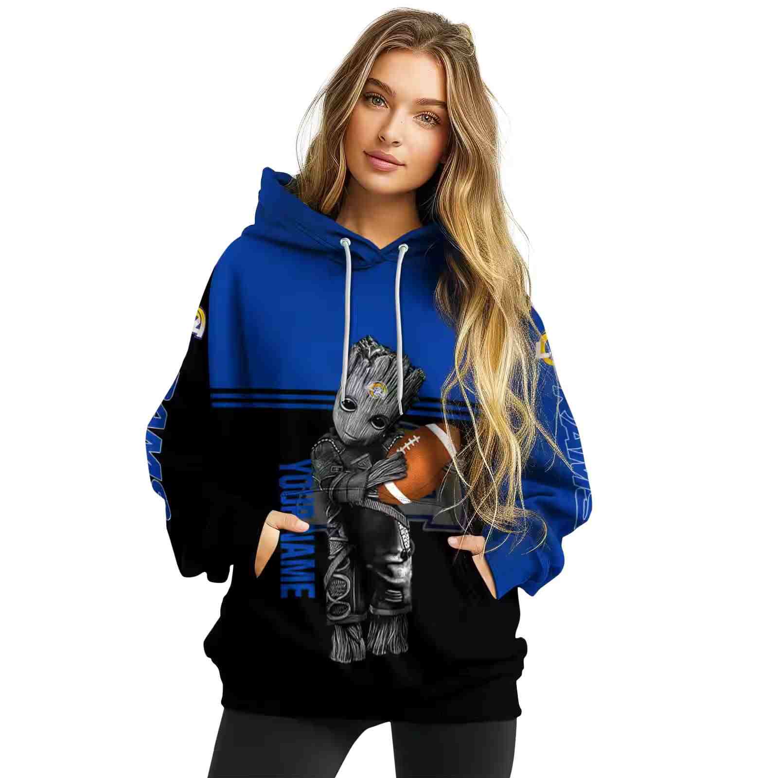 custom los angeles rams baby groot blue black hoodie high quality