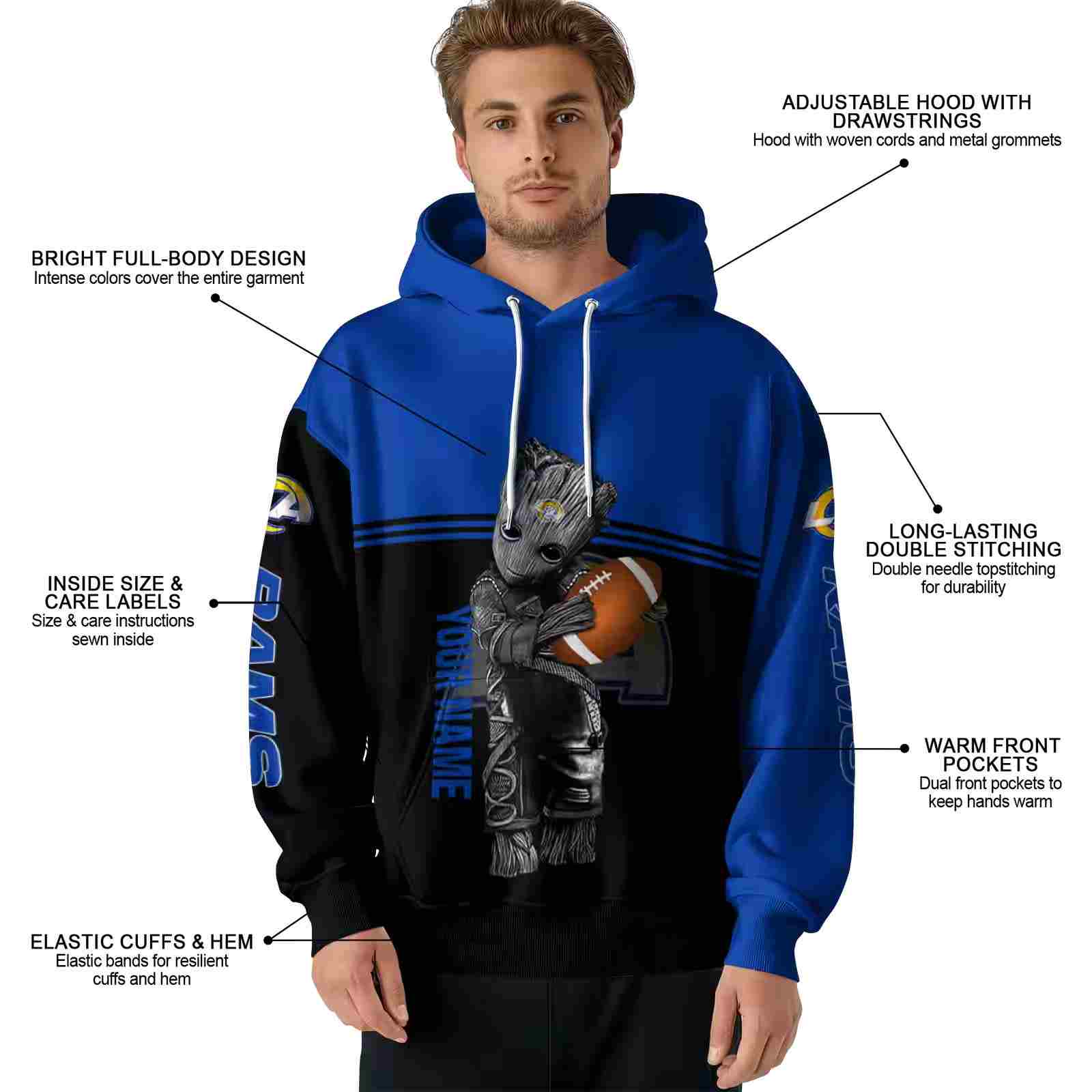 custom los angeles rams baby groot blue black hoodie latest model