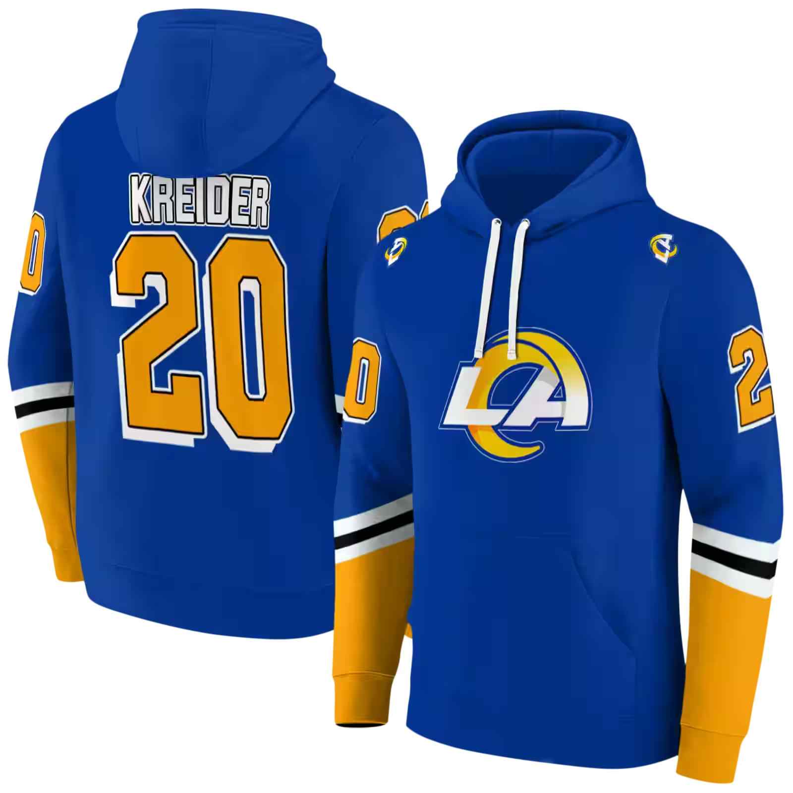 custom los angeles rams striped sleeves blue hoodie fashion forward