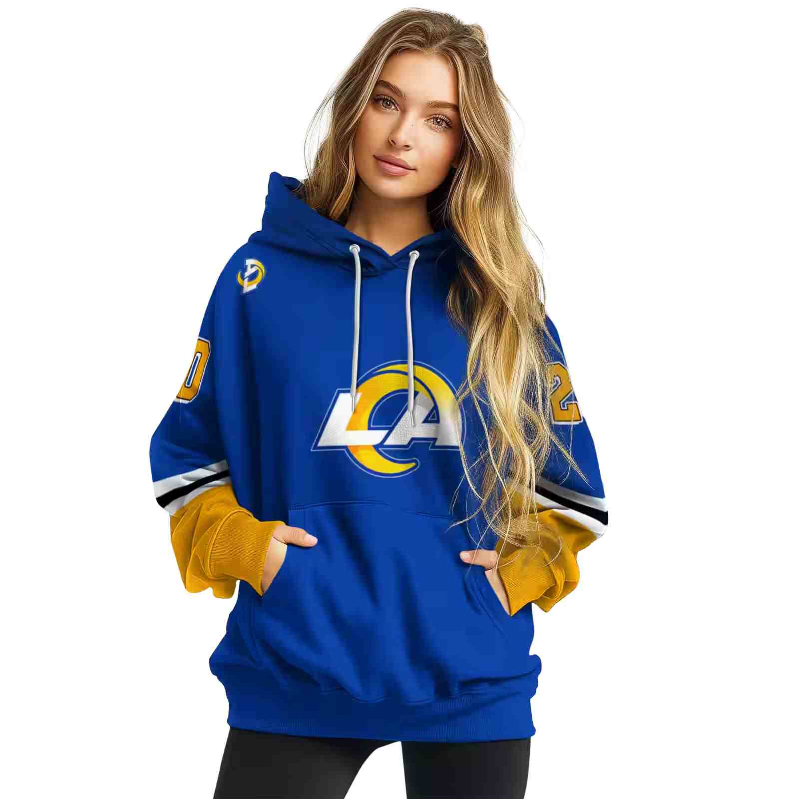 custom los angeles rams striped sleeves blue hoodie high quality