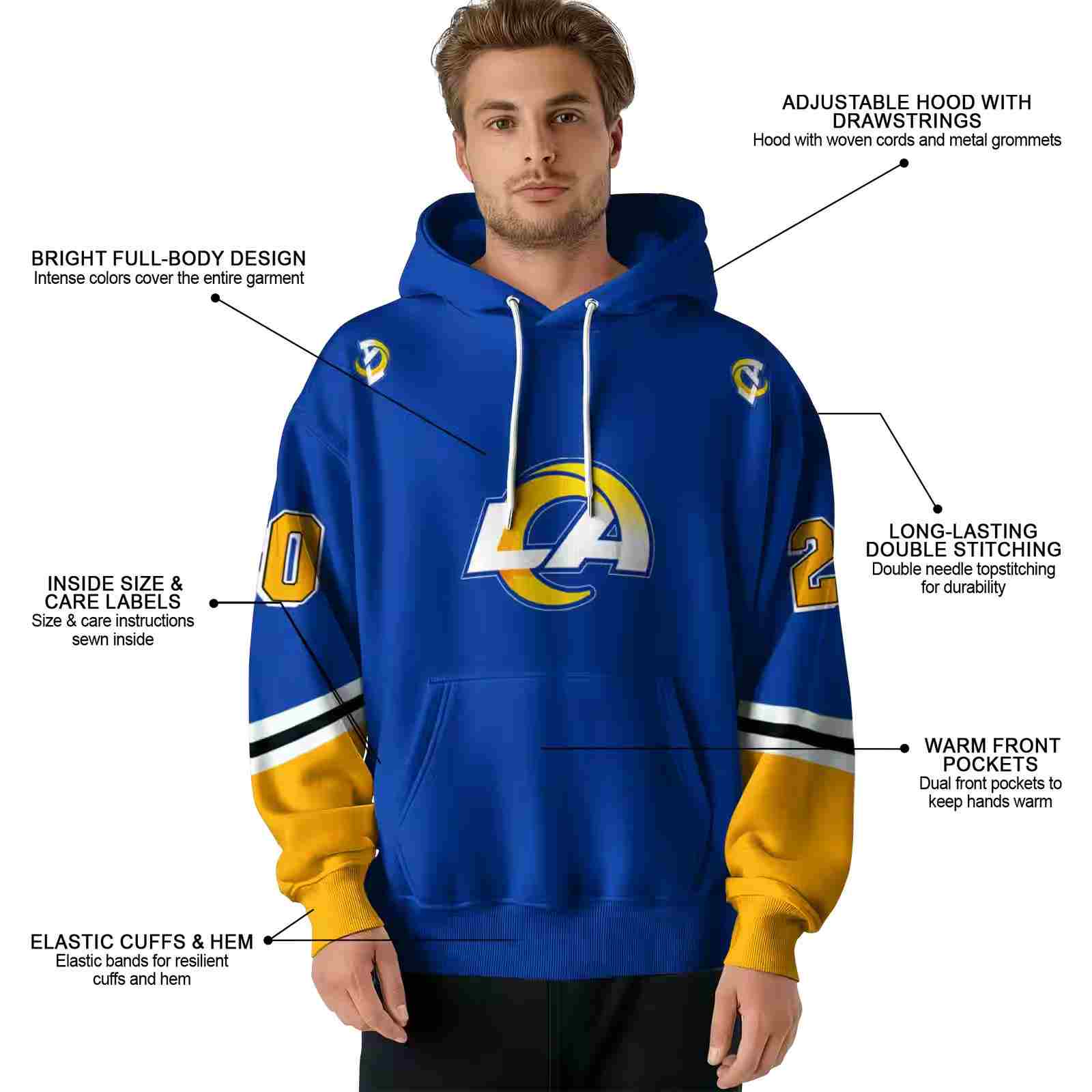 custom los angeles rams striped sleeves blue hoodie latest model