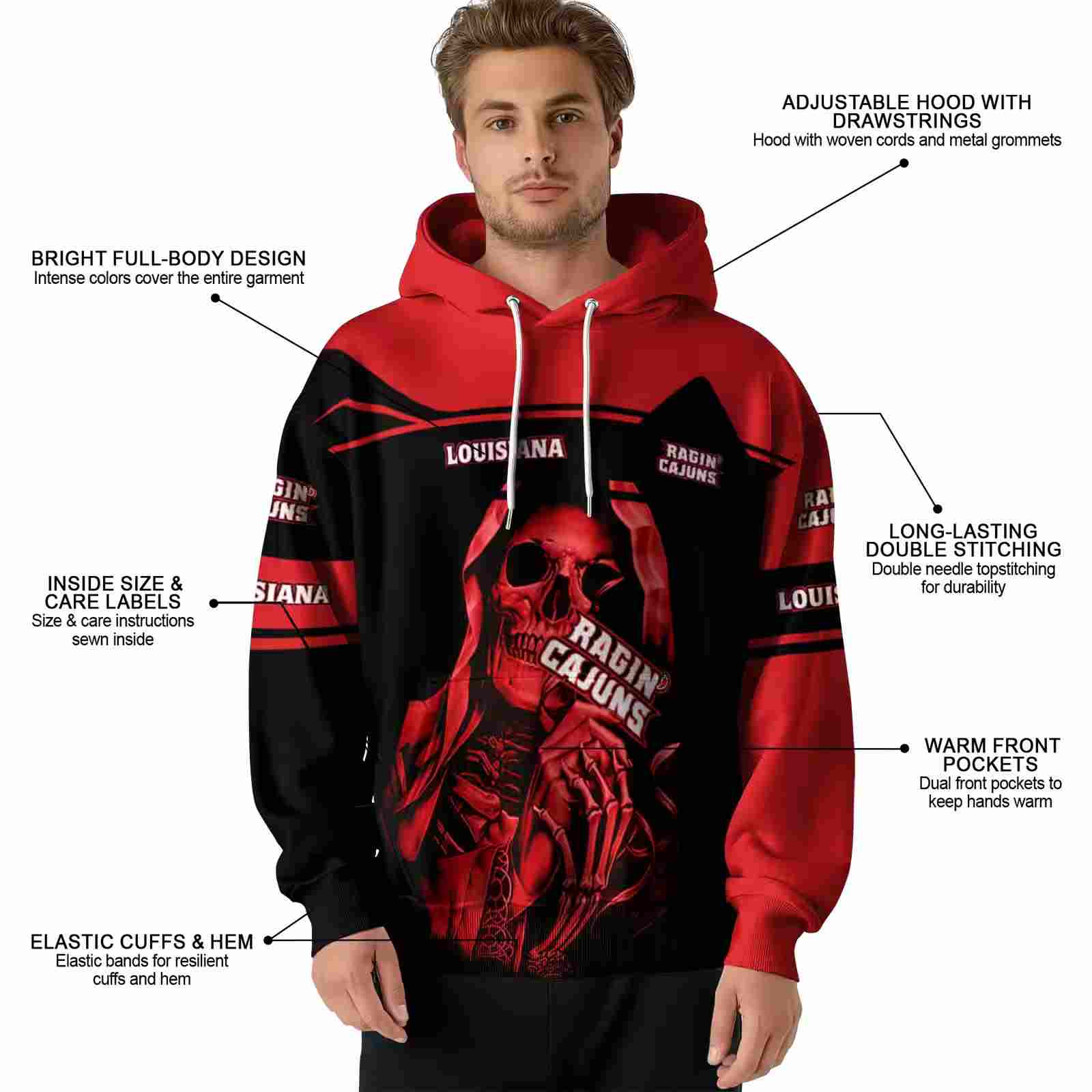 custom louisiana ragin cajuns grim reaper red black hoodie latest model