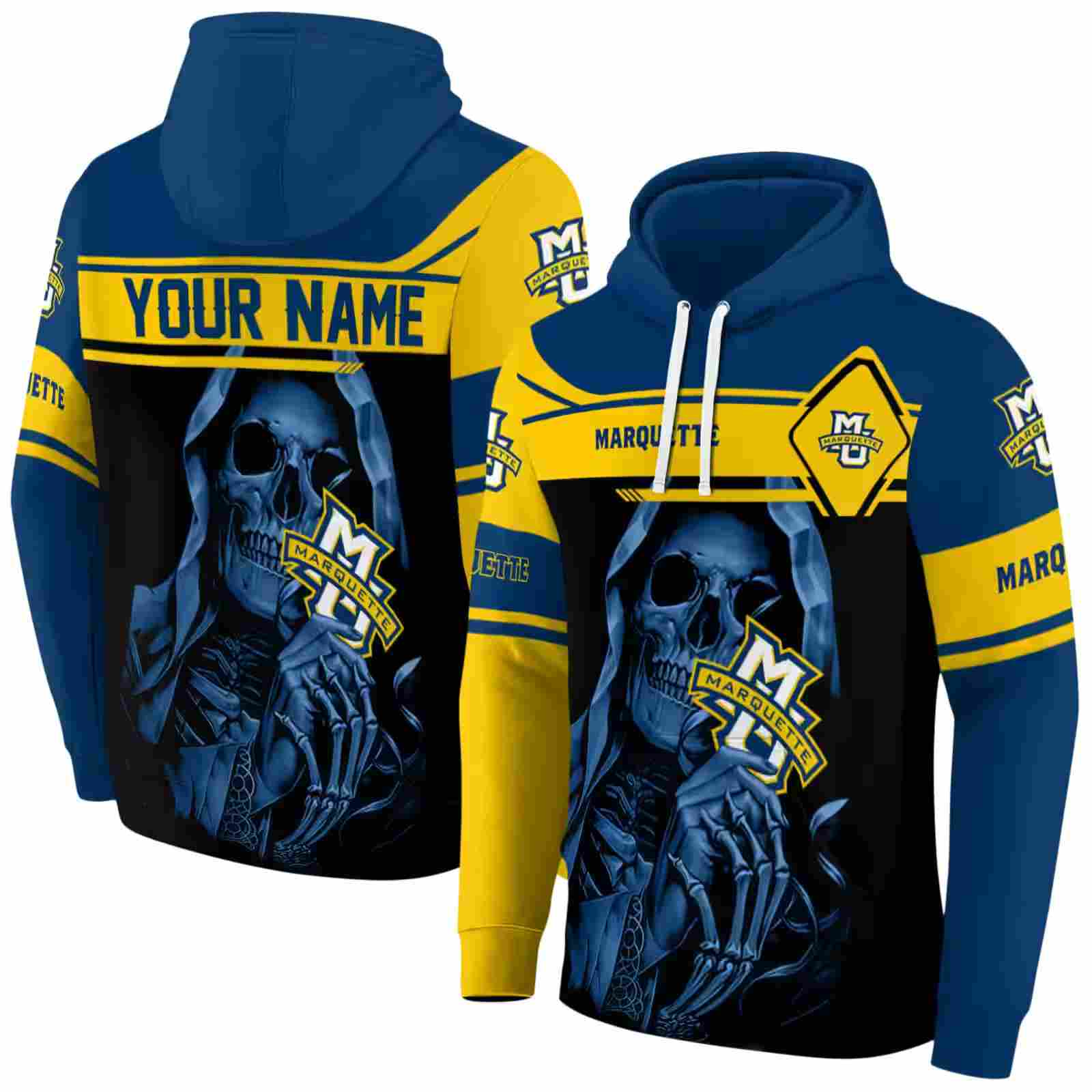 custom marquette golden eagles grim reaper blue black hoodie fashion forward