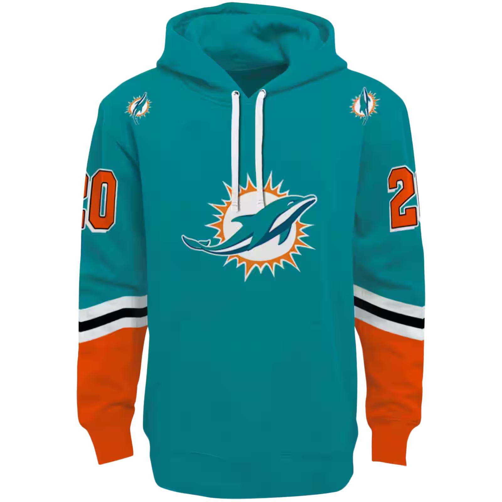 Custom Miami Dolphins Striped Sleeves Aqua Hoodie