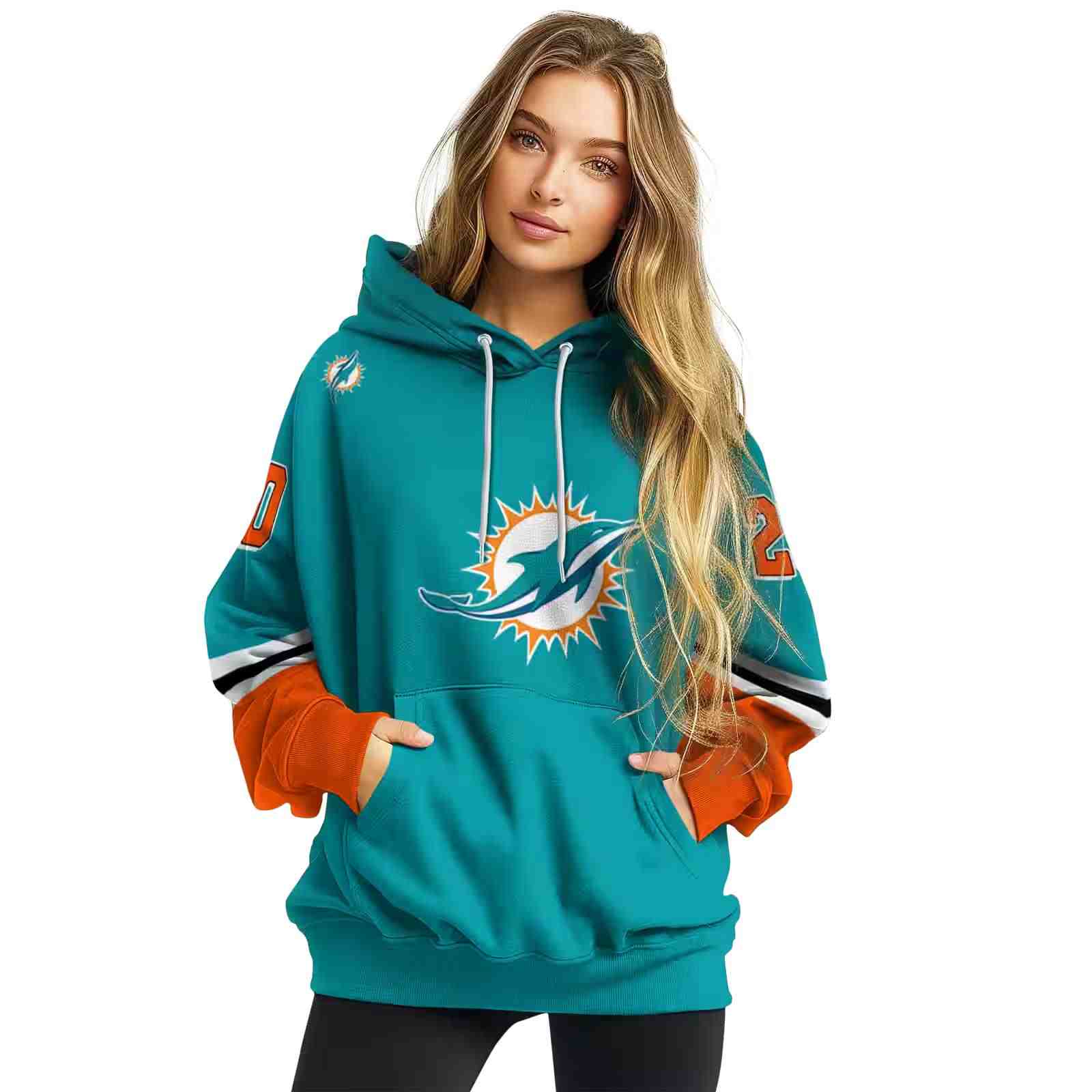 custom miami dolphins striped sleeves aqua hoodie high quality